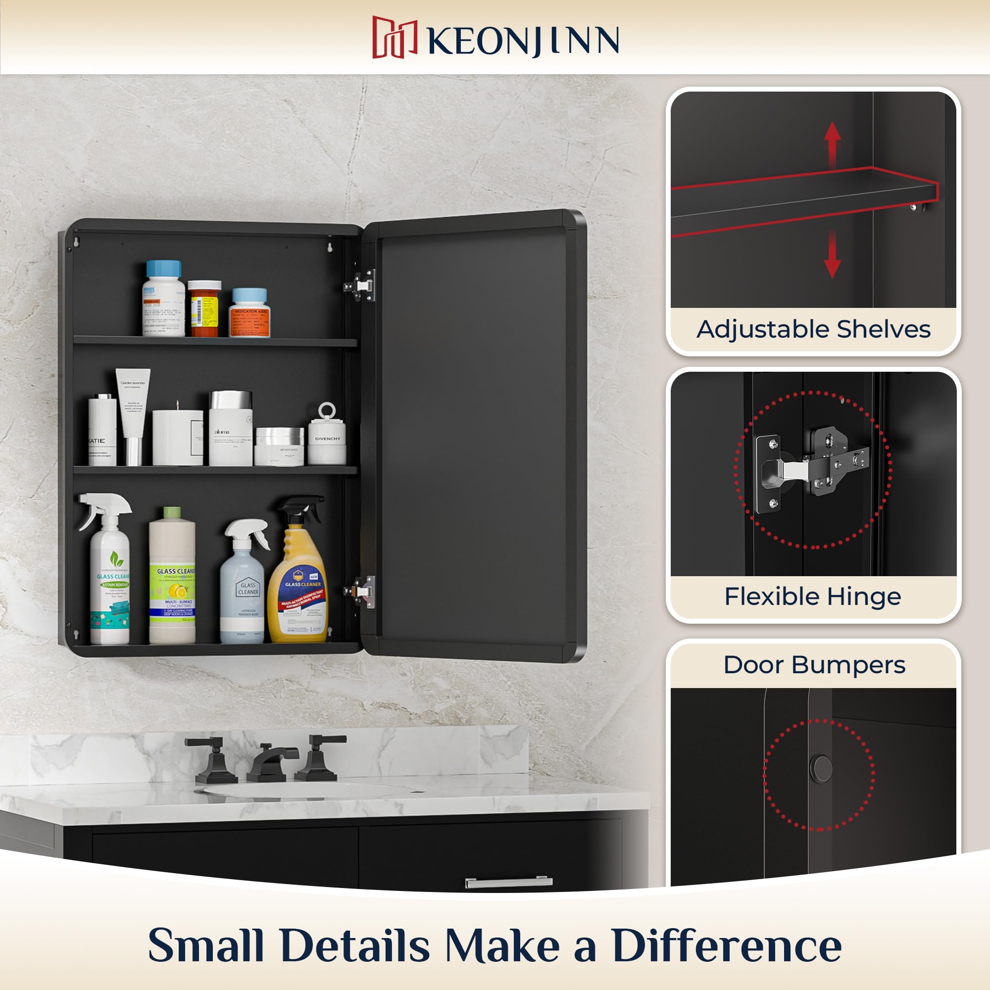 Keonjinn 15 x 36 Inch Black Slim Medicine Cabinets, Narrow Bathroom Side Medicine Cabinet with Mirror, Stainless Steel Framed, Adjustable Shelves, Recessed or Wall Mount, Modern Farmhouse