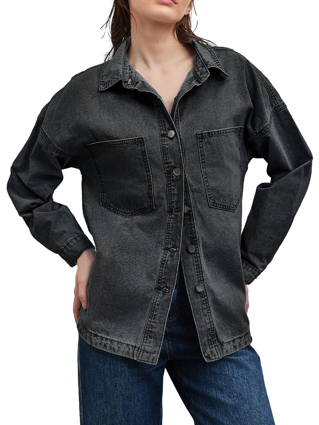 LifeShe Women Denim Shirt Jean Jacket Oversize Button Down Shirt Long Sleeve Jean Tops Trendy Shackets