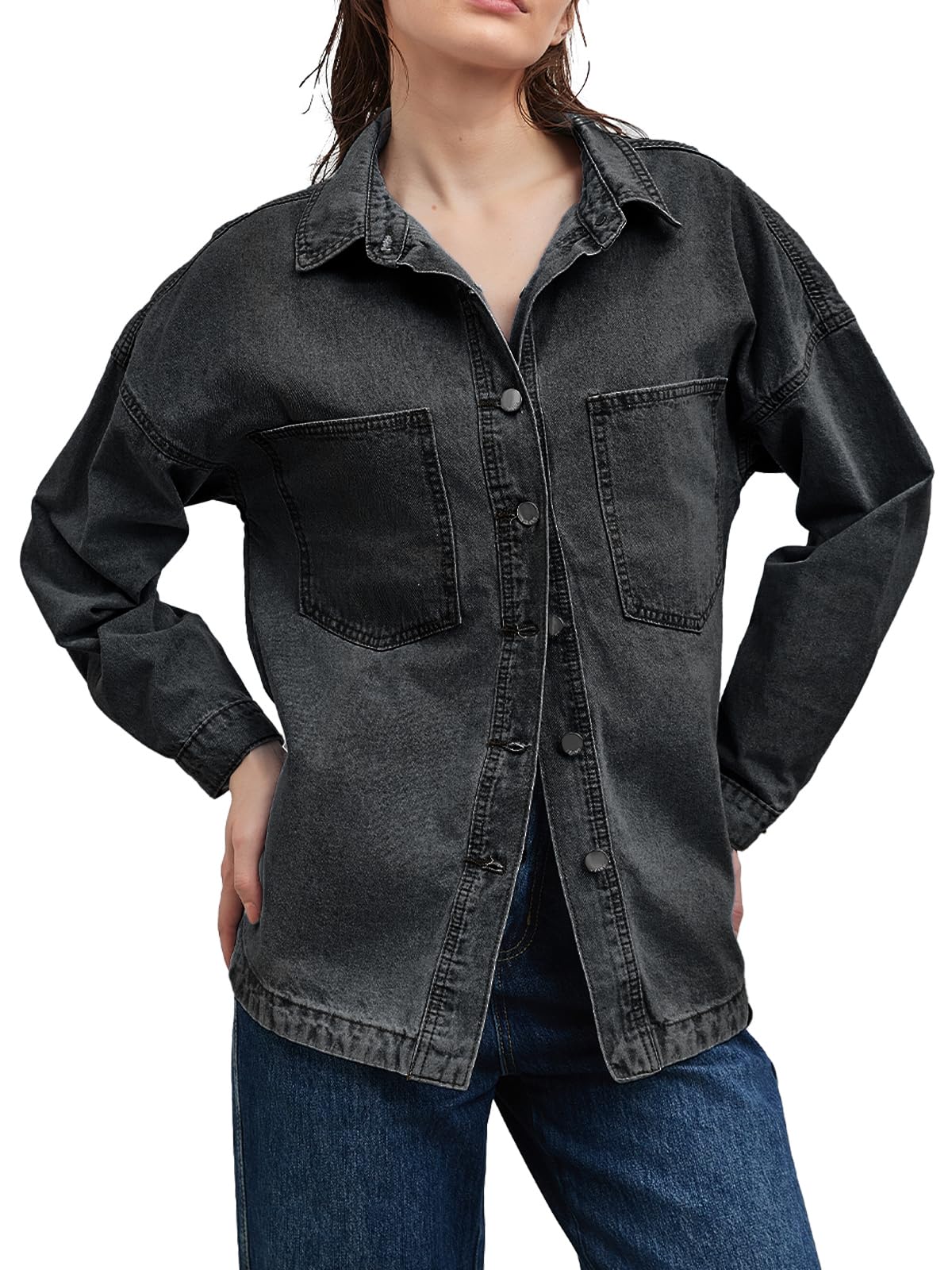 LifeShe Women Denim Shirt Jean Jacket Oversize Button Down Shirt Long Sleeve Jean Tops Trendy Shackets