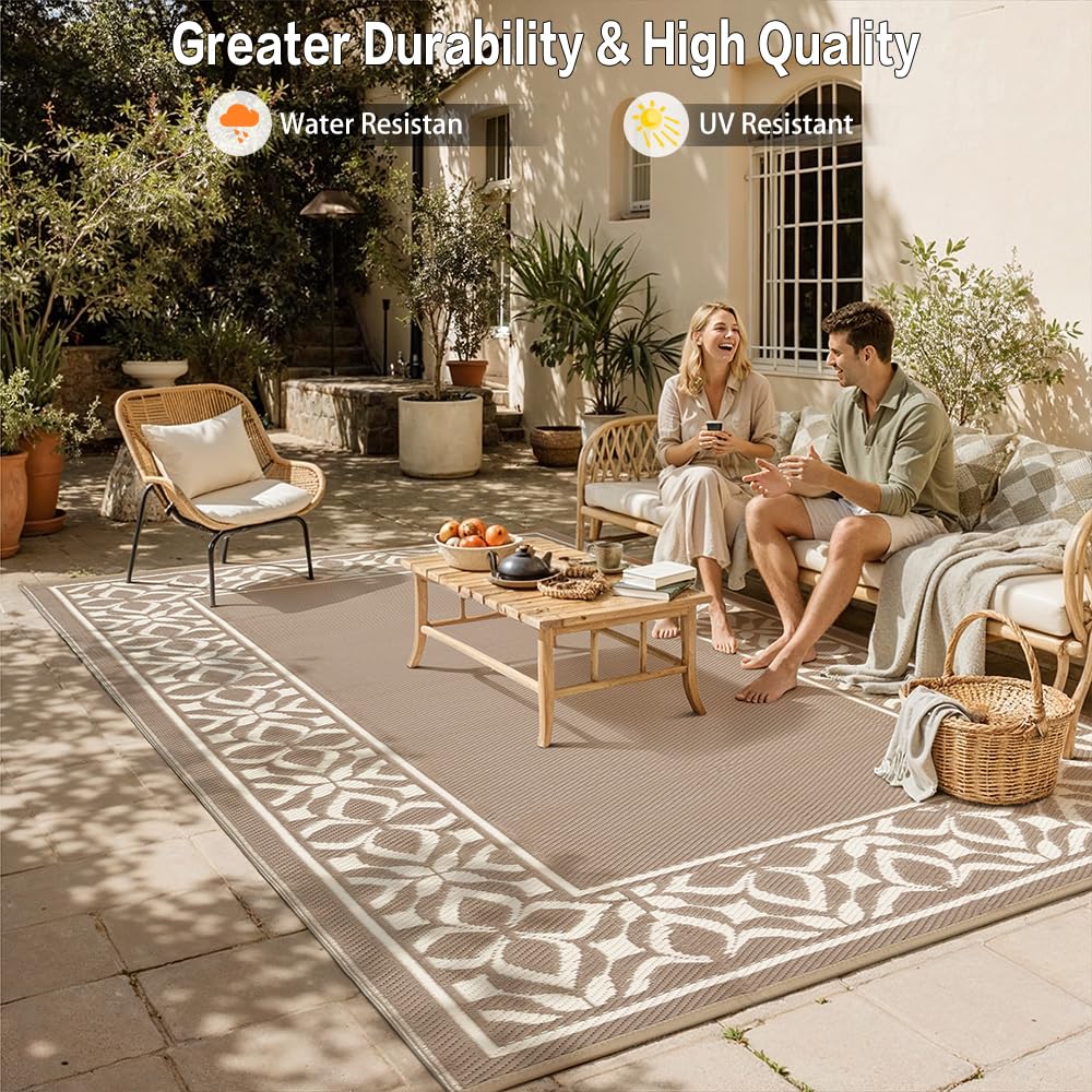 PureCozy Outdoor Plastic Straw Rug Black Beige Large Outside Waterproof Outdoor Patio 5x8 Carpet Geometric Reversible Mat Modern for Camping RV Porch Deck Balcony Beach