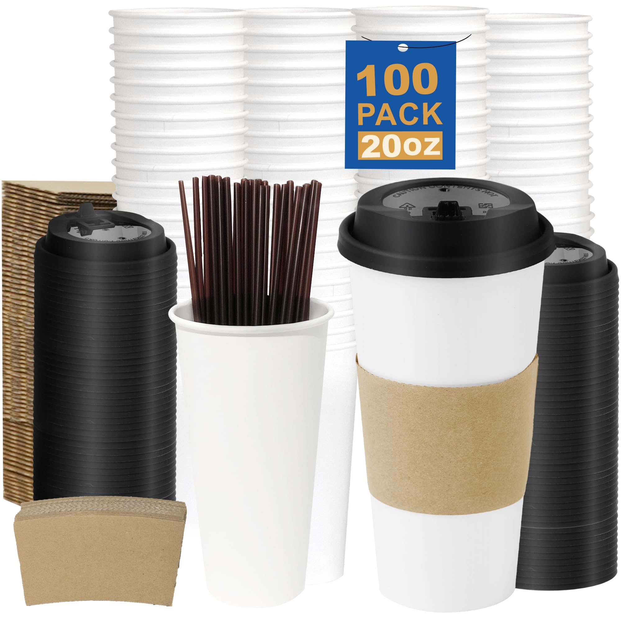 16 oz 100 Pack Corrugated Ripple Wall Disposable Coffee Cups with Lids and Straws, Heavy Duty Insulated Cups for Hot Beverage or Cold Drinks, Bulk for Restaurants, Offices, Coffee Shops(Black)