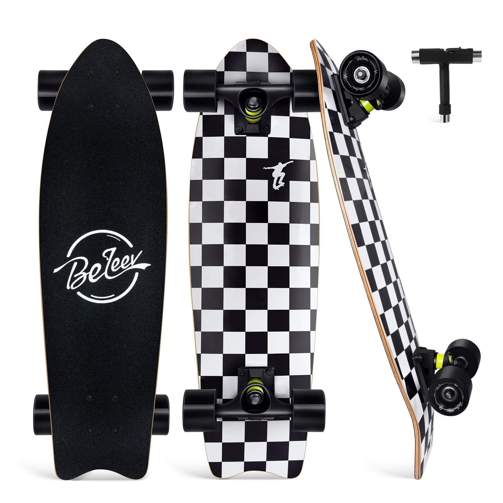 BELEEV Cruiser Skateboards for Beginners, 27 x 8 inch Complete Skateboard for Kids Teens Adults, 7 Ply Canadian Maple Double Kick Deck Concave Skateboard with Skate T-Tool