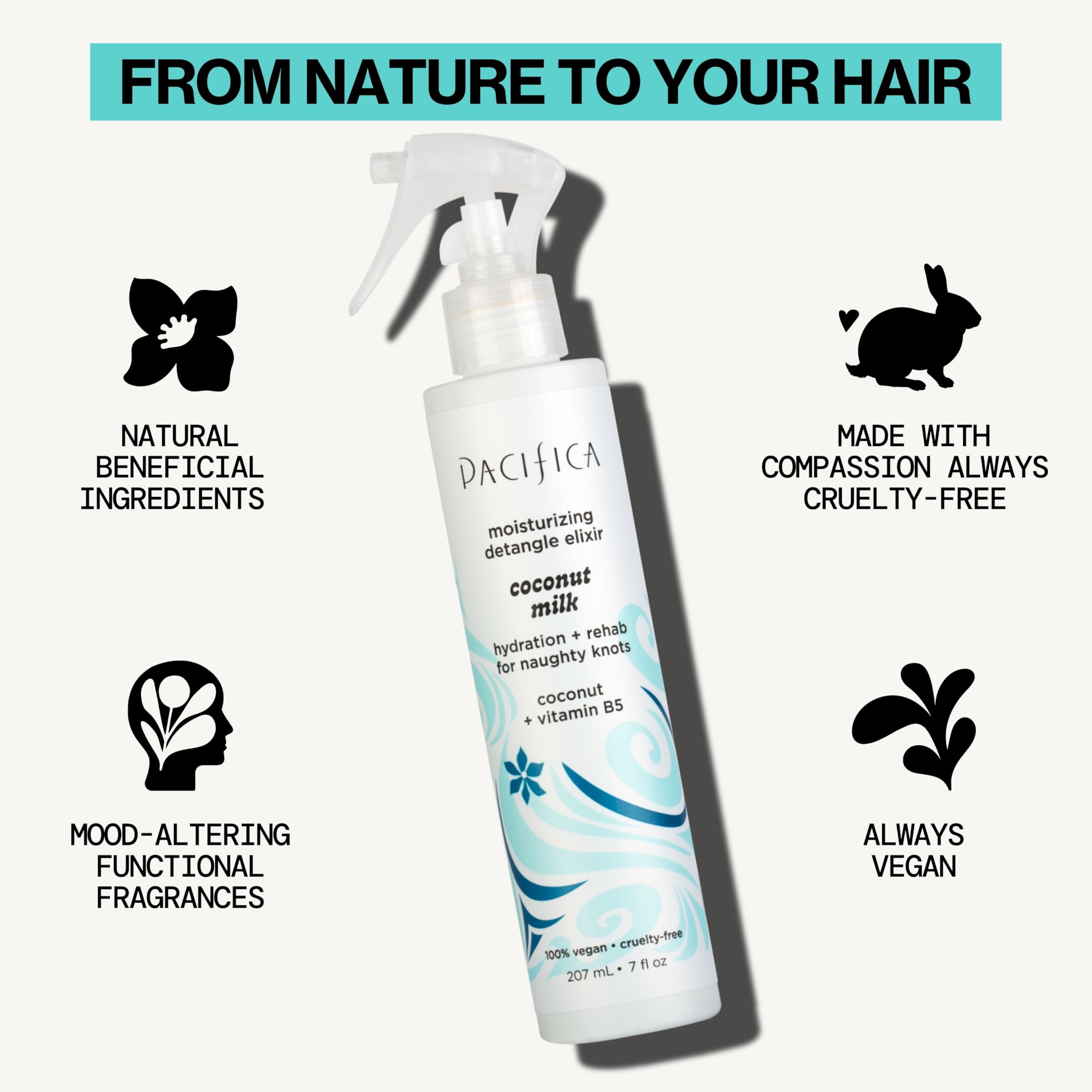 Pacifica Coconut Milk Hair Detangler Spray – Leave-In Conditioning Elixir for Tangle-Free Hair – Instantly Detangles Knots, Adds Shine & Moisture, Prevents Breakage & Frizz – Vegan & Cruelty-Free | Vegan