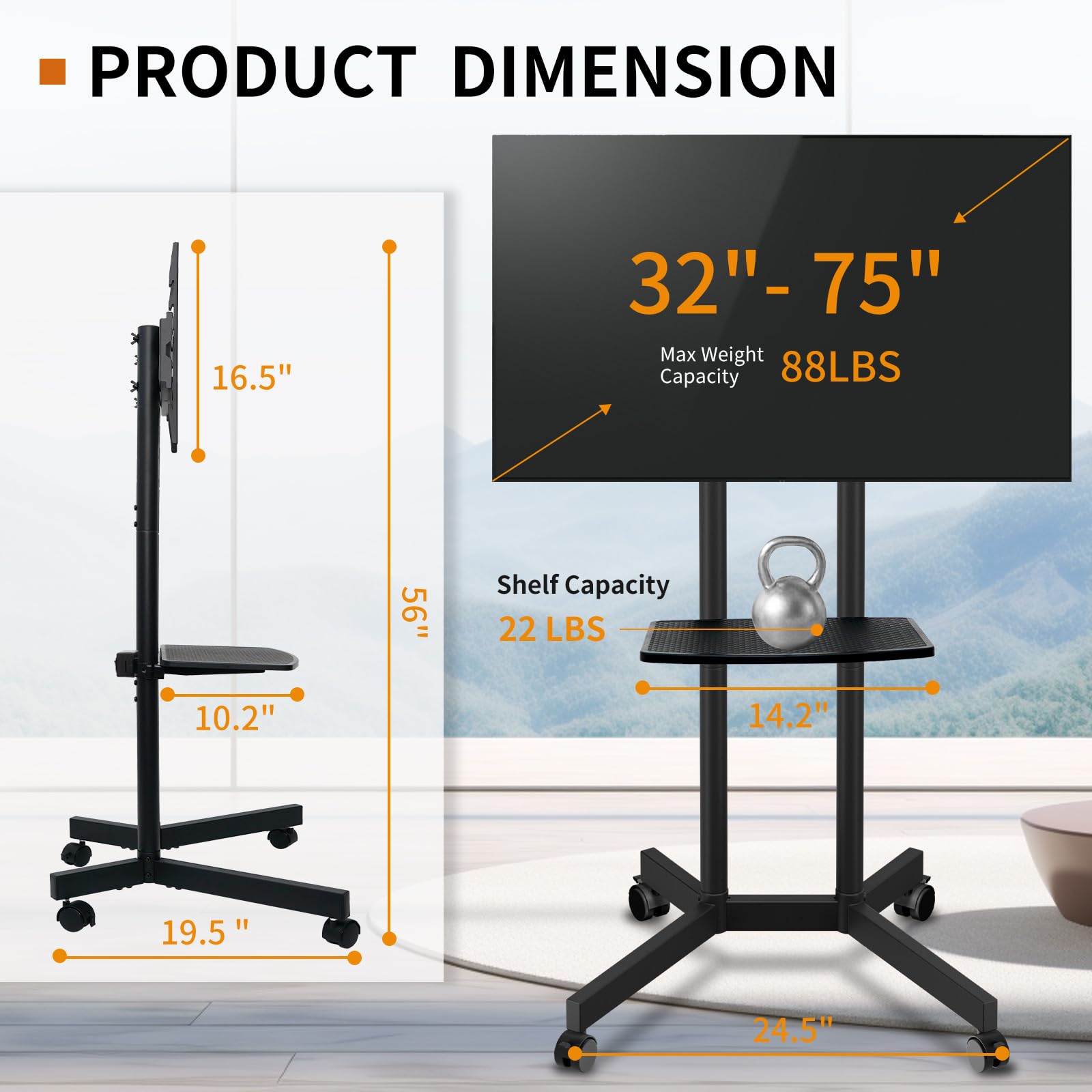 Solid Grace Rolling TV Stand with Power Outlet for 32-75 Inch TVs up to 88lbs, Portable TV Stand with Shelf, Mobile TV Cart for Living Room, Office, Meeting Room, Outdoor(with Power Outlet+Shelf)
