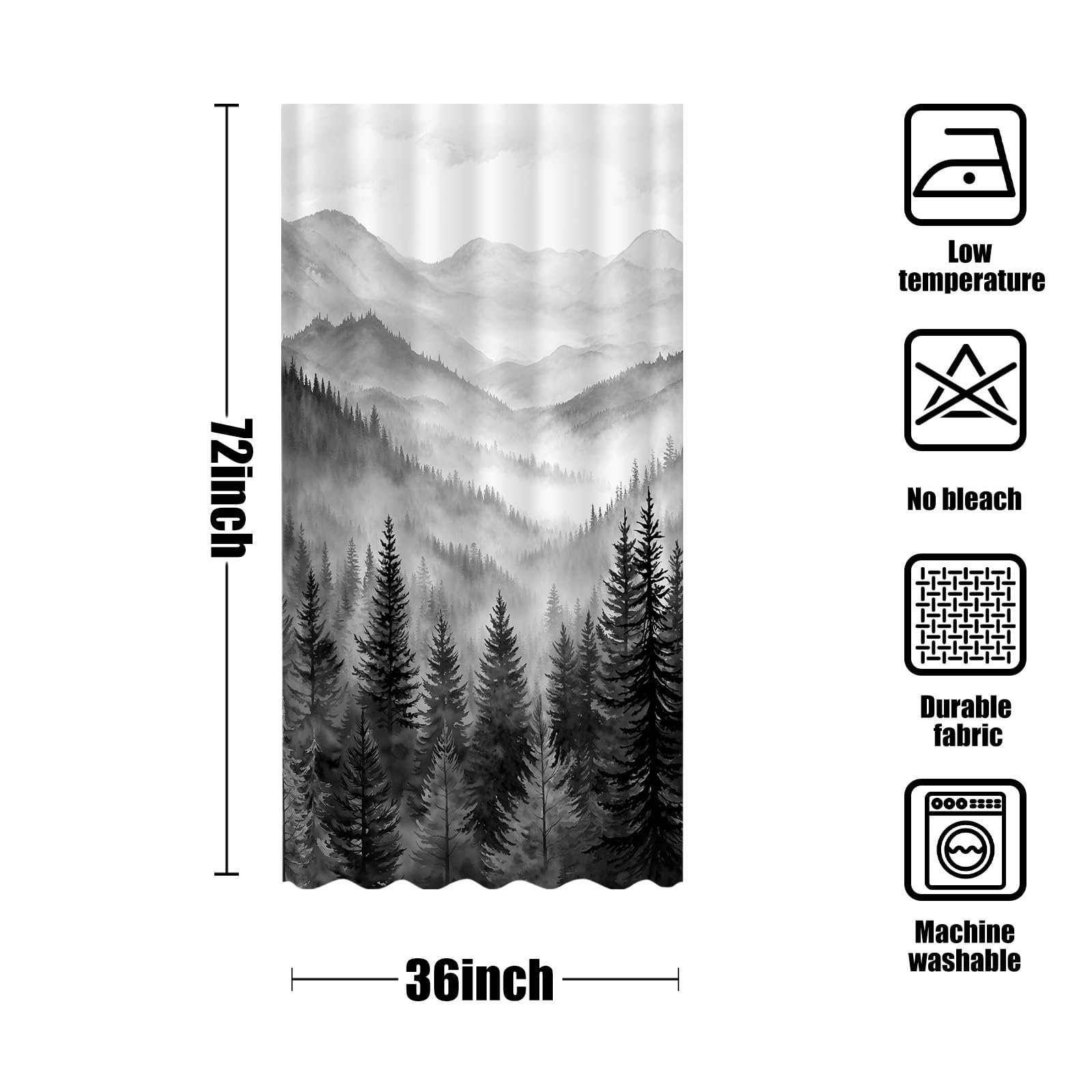 Stall Small Black and White Misty Forest Shower Curtain Ombre Gray Grey Mountain Pine Tree Waterproof Fabric Shower Curtains for Bathroom Nature Woodland Decorative Bath Curtain Decor 36×72 Inches