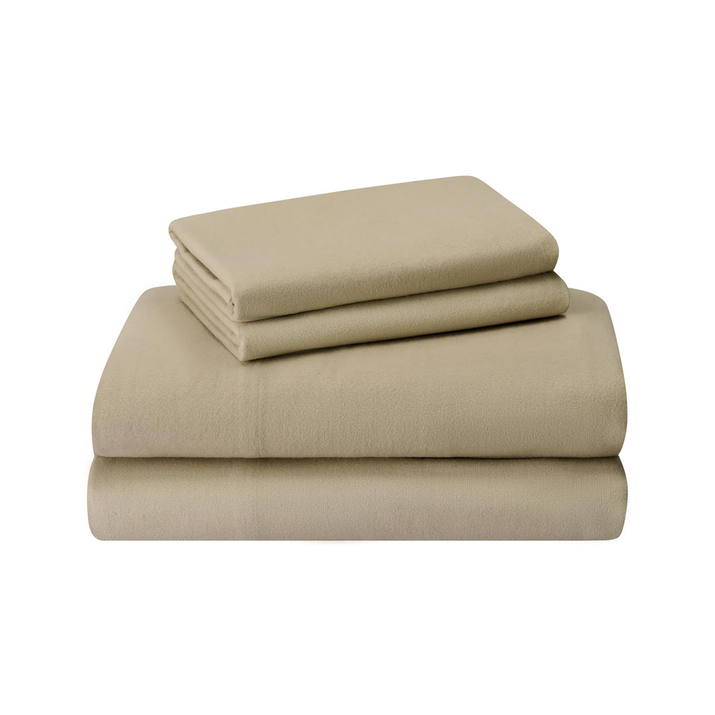 Featherhead 100% Cotton 4PCs Flannel Sheet Set | Double-Brushed for Extra Softness, Warm & Breathable, Extra Deep Pockets fits Up to 17” (Beige, Twin)