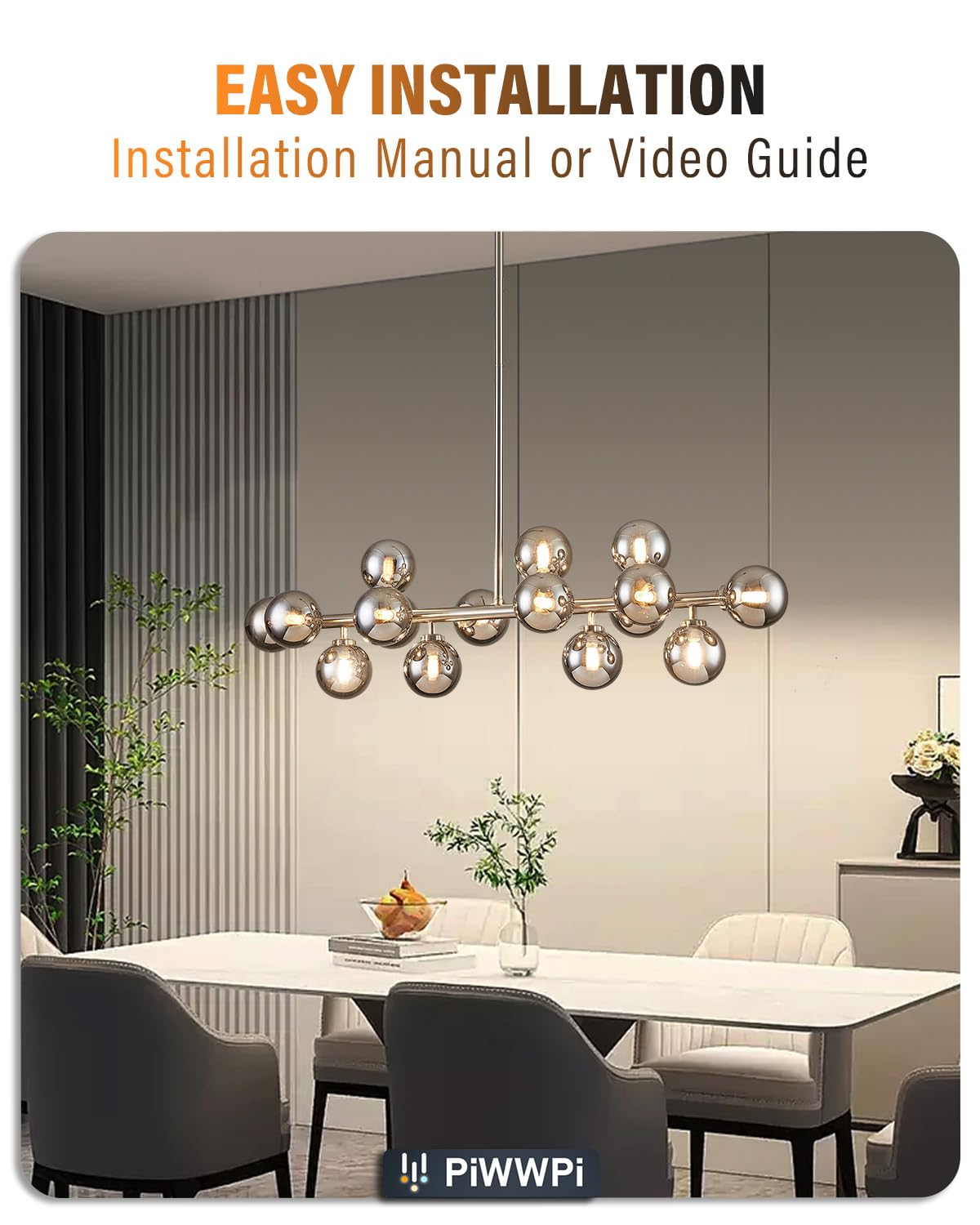 Modern Linear Chandeliers for Dining Room, 8-Light Globe Sputnik Pendant Ceiling Light, Black Dining Room Light Fixture Over Table, Mid Century Glass Milk White Bubble, 31.5 Inch, GC-09