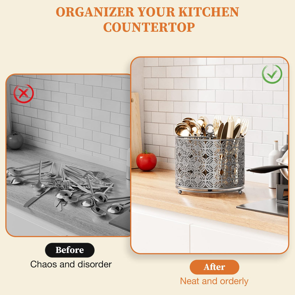 YIUKEA 360° Rotating Utensil Caddy Countertop - Cutlery Silverware Caddy Holder with 4 Compartment - Higher Raised Flatware Organizer with Handle for Party Kitchen Counter Office Black