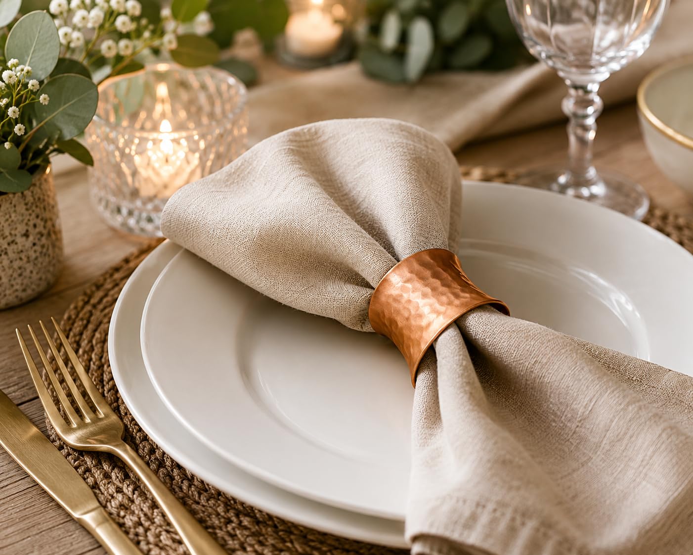 ITOS365 Handmade Round Hammered Antique Napkin Rings Holder for Dinning Table Parties Everyday, Set of 12