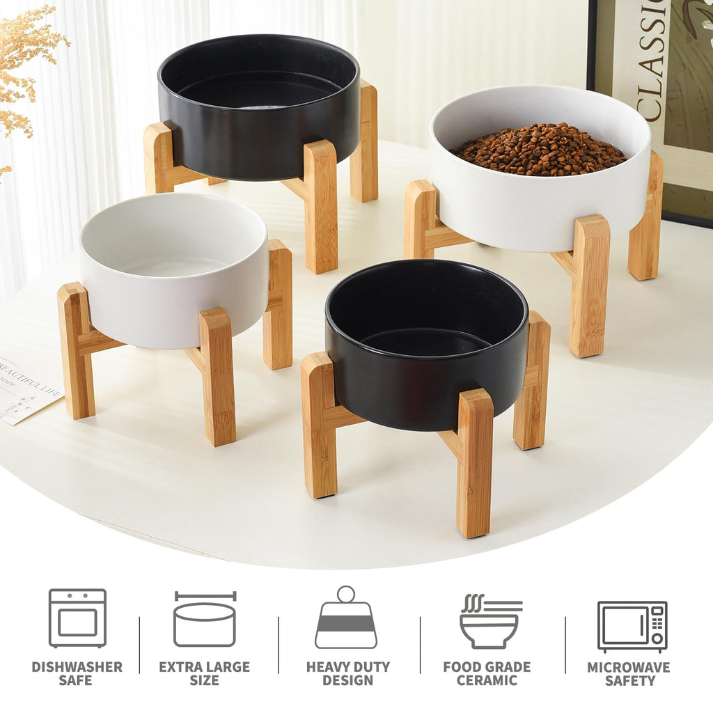 6'' Ceramic Raised Dog Bowl - 30Oz Dog Food & Water Bowl with Elevated Non-Slip Bamboo Stand, Dishwasher & Microwave Safe, Anti Vomiting Heavy Duty Pet Bowl for Small and Medium Dogs, Black