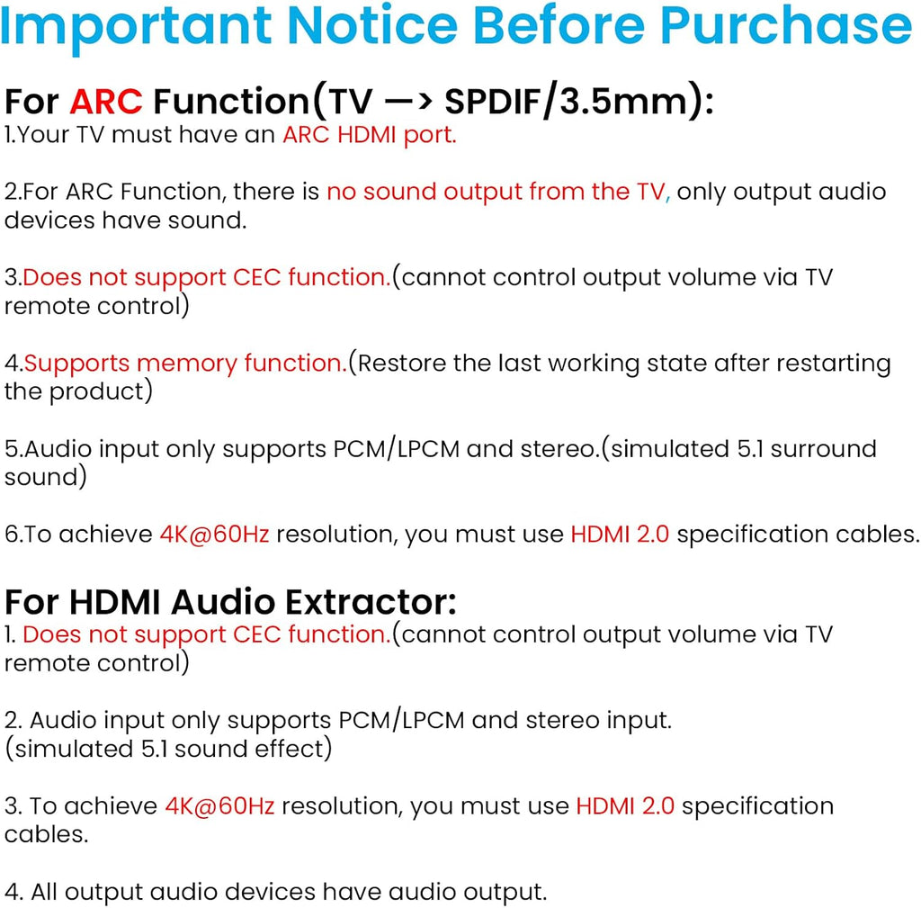 4K@60Hz HDMI 2.0b Audio Extractor Converter Adapter Splitter, HDMI ARC + Optical Toslink SPDIF + 3.5mm Stereo Audio Out, Support HDCP2.2 Digital PCM DTS 5.1, (Optical / HDMI Cables Included)