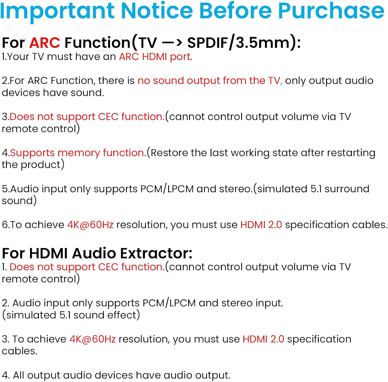 4K@60Hz HDMI 2.0b Audio Extractor Converter Adapter Splitter, HDMI ARC + Optical Toslink SPDIF + 3.5mm Stereo Audio Out, Support HDCP2.2 Digital PCM DTS 5.1, (Optical / HDMI Cables Included)