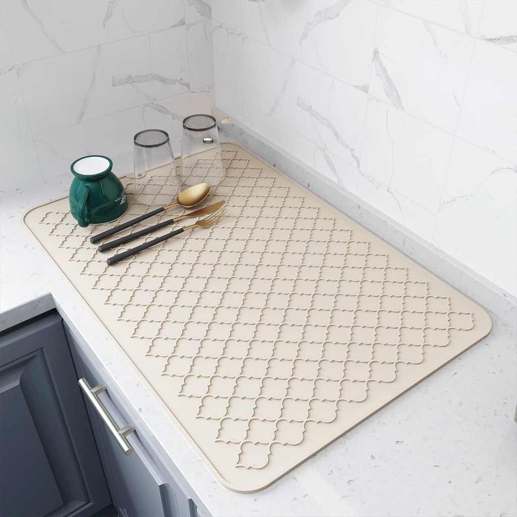 AMOAMI-Dish Drying Mats for Kitchen Counter-Silicone Dish Drying Mat-Kitchen Dish Drying Pad Heat Resistant Mat-Kitchen Gadgets Kitchen Accessories Kitchen Small Appliances(12" x 16", BEIGE)