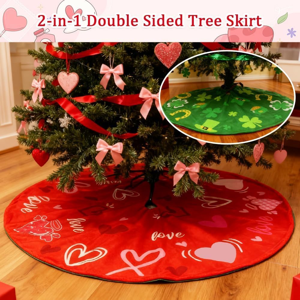 YEAHOME Valentines Day Decorations for Tree Skirt, 36" Love Heart Pattern Tree Skirts for Valentines Day Decor, Double-Sided St Patricks Day Clover Tree Skirt for Holiday Party Decorations
