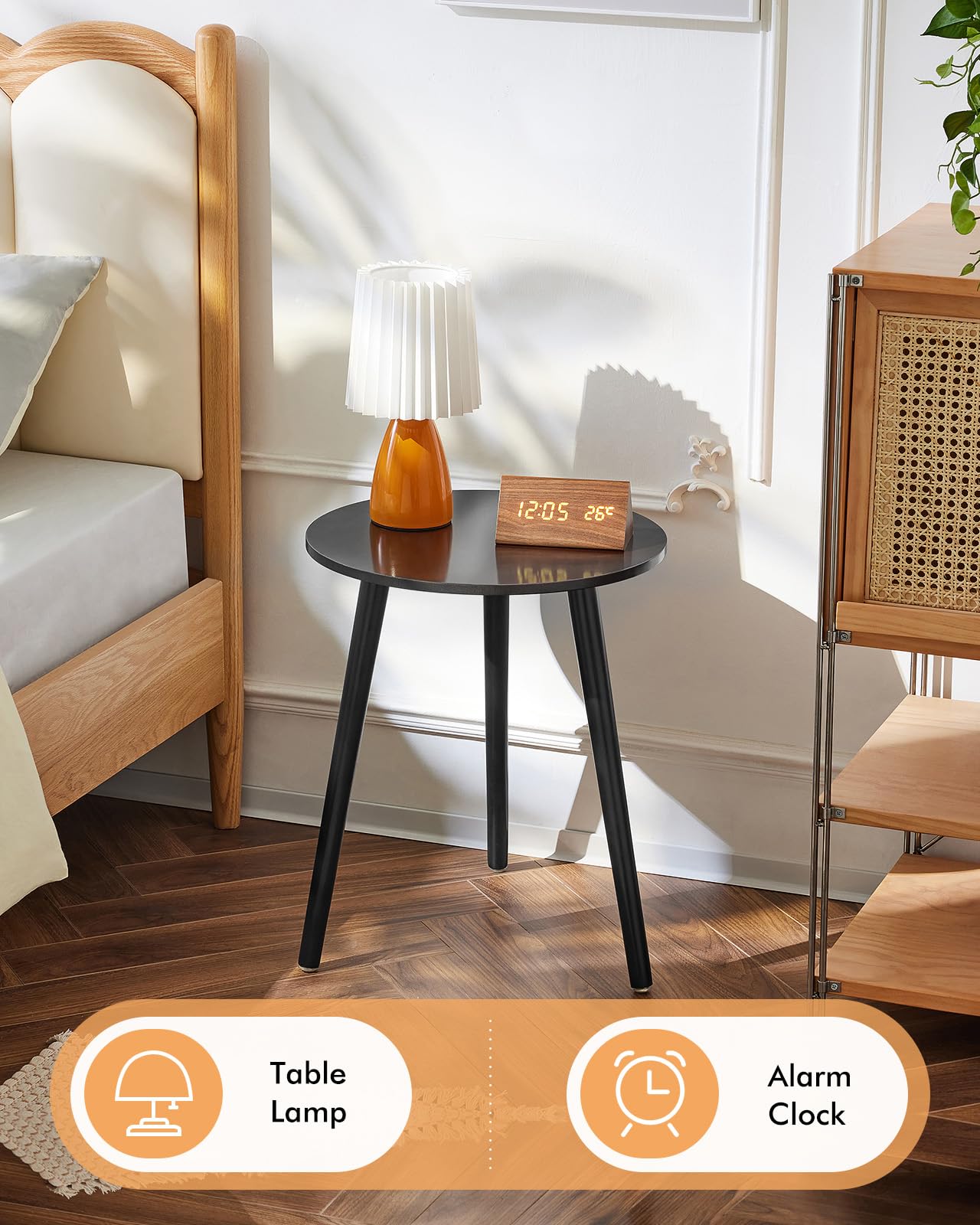 Apicizon Black Round Side Table, Black End Table Bedside Table Nursery with Wood Legs, Nightstand for Living Room, Bedroom, 16.5 x 20.5 Inches
