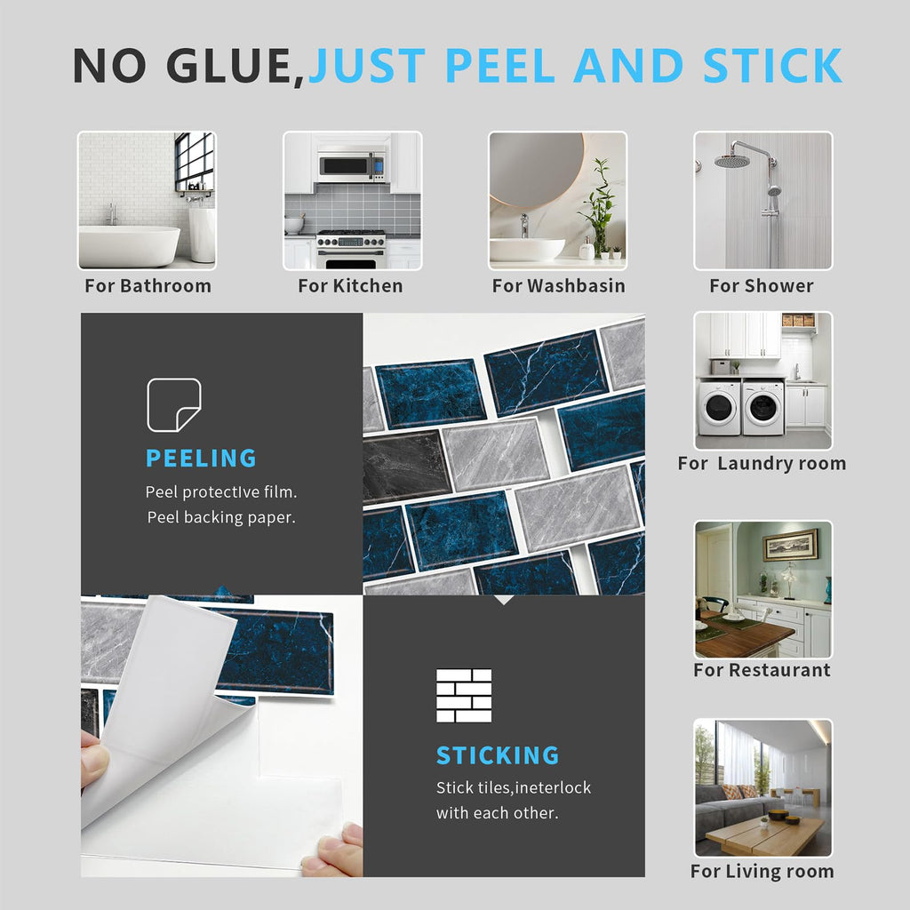 URCOLOR 10-Sheet Back Splashes for Kitchens Peel and Stick,12"x12" Self Adhesive Subway Wall Tiles Stick on backsplash Tiles for Bathroom Black Marble