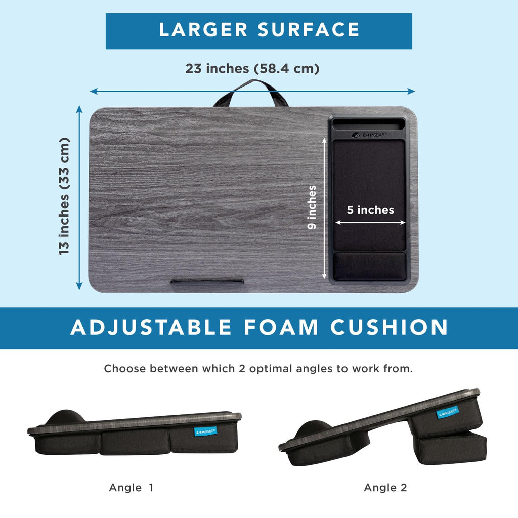 LAPGEAR Extra Large Adjustable Lap Desk – Fits Laptops up to 17.3”, Adjustable Cushion, Memory Foam Wrist Rest, Mouse Pad, Device Ledge, & Phone Slot – Black Carbon - Style No. 88108