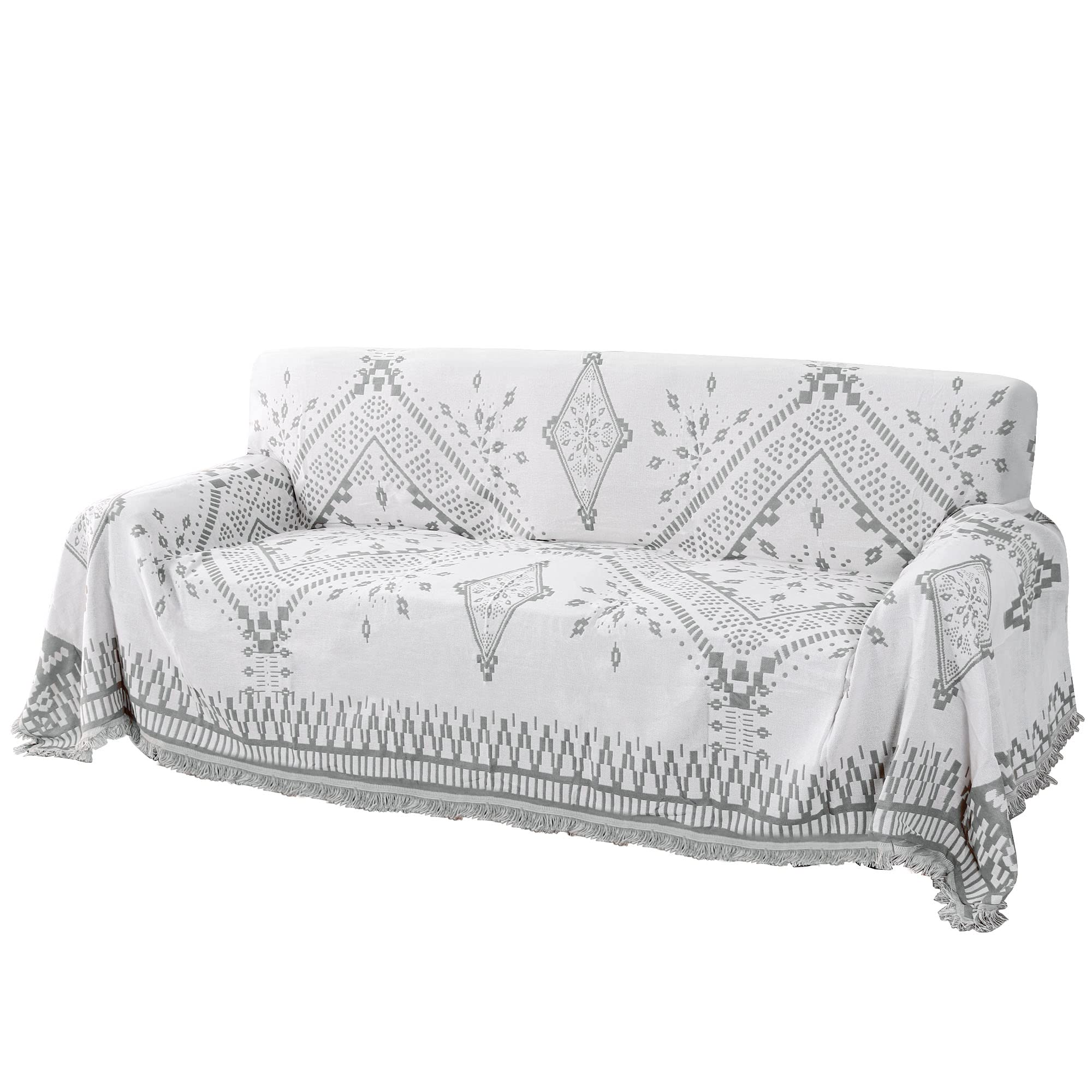 H.VERSAILTEX Cotton Sofa Covers Couch Cover Sofa Slipcover for Most Shape Sofas, Feature Thick Woven Jacquard Seamless with Tassels, Multi-Use Decorative for Couch (Medium: 71" x 91", Green)