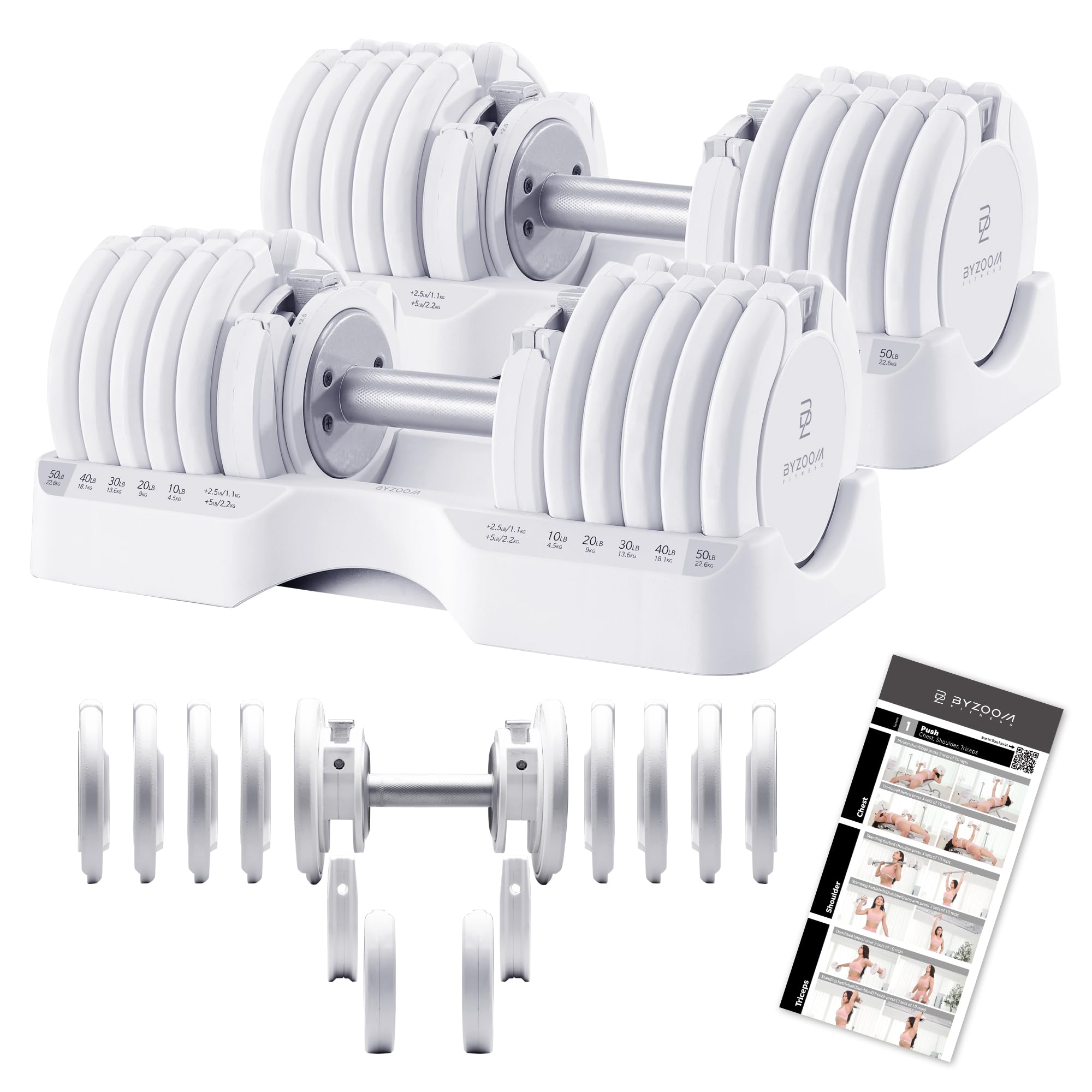 BYZOOM FITNESS Pure Series Adjustable Dumbbell - 12.5/25/27.5/50/55/75lb - ONE UNIT OR PAIR(check QTY before purchase) - 5-in-1/ 10-in-1 / 15-in-1 / 21-in-1 Flexible Hand Weights for Home Apartment Garage Gym, Strength Training & Fitness Workouts, White O