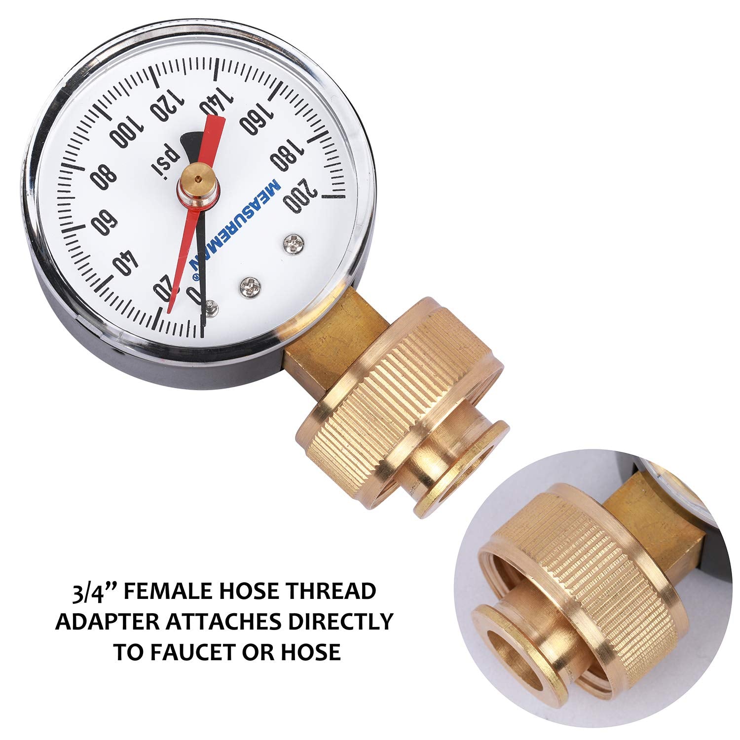 MEASUREMAN 2" Water Pressure Test Gauge, 3/4" Female Hose Thread, 0-200 psi/kpa with Maximum Pressure Memory (Pack of 2)