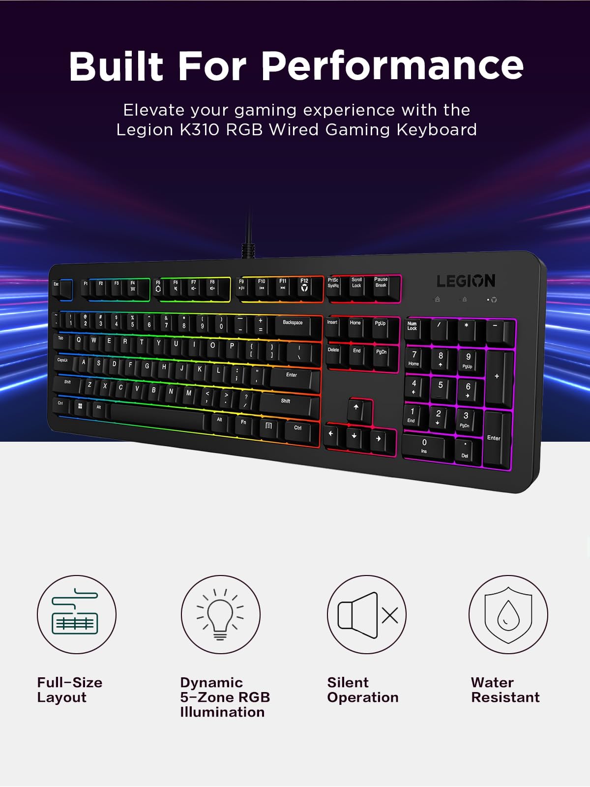 Lenovo Legion KM310 RGB Wired Gaming Keyboard & Mouse Combo - K310 Keyboard w/Silent Operation & Compact Water-Resistant Design - M300S Mouse with 8000 Adjustable DPI, 220 IPS, 6 Programmable Buttons