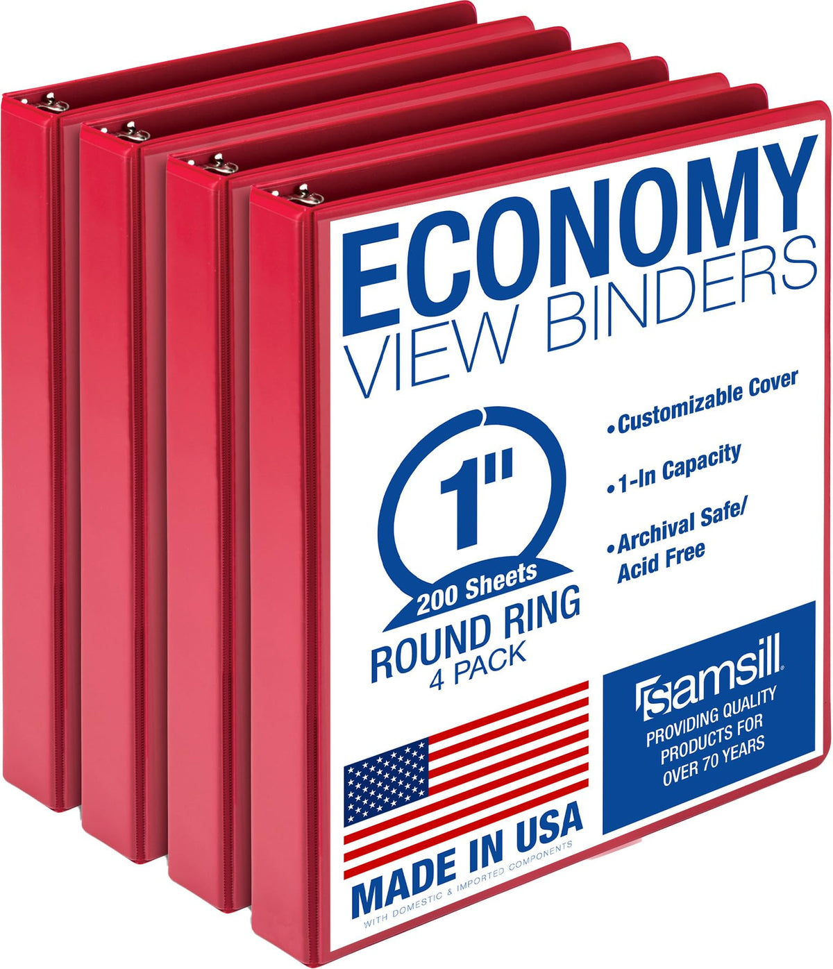 Samsill 1 Inch 3 Ring Binders, Economy Round Ring, Clear View Cover, 200 Sheet Capacity - for School, Home, Office - Blue, 4 Pack