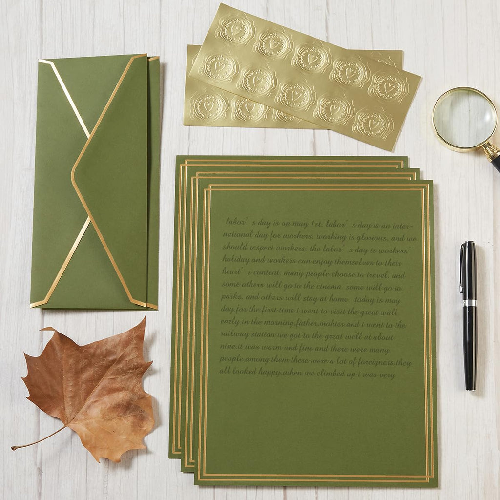 50 Pack Stationery Set with Envelopes, Cream Color, 8.5x11 Inches | Gold Border, #10 Business Envelopes and 8.5x11 Paper Sheets, Stickers for Letter Writing, Invitations