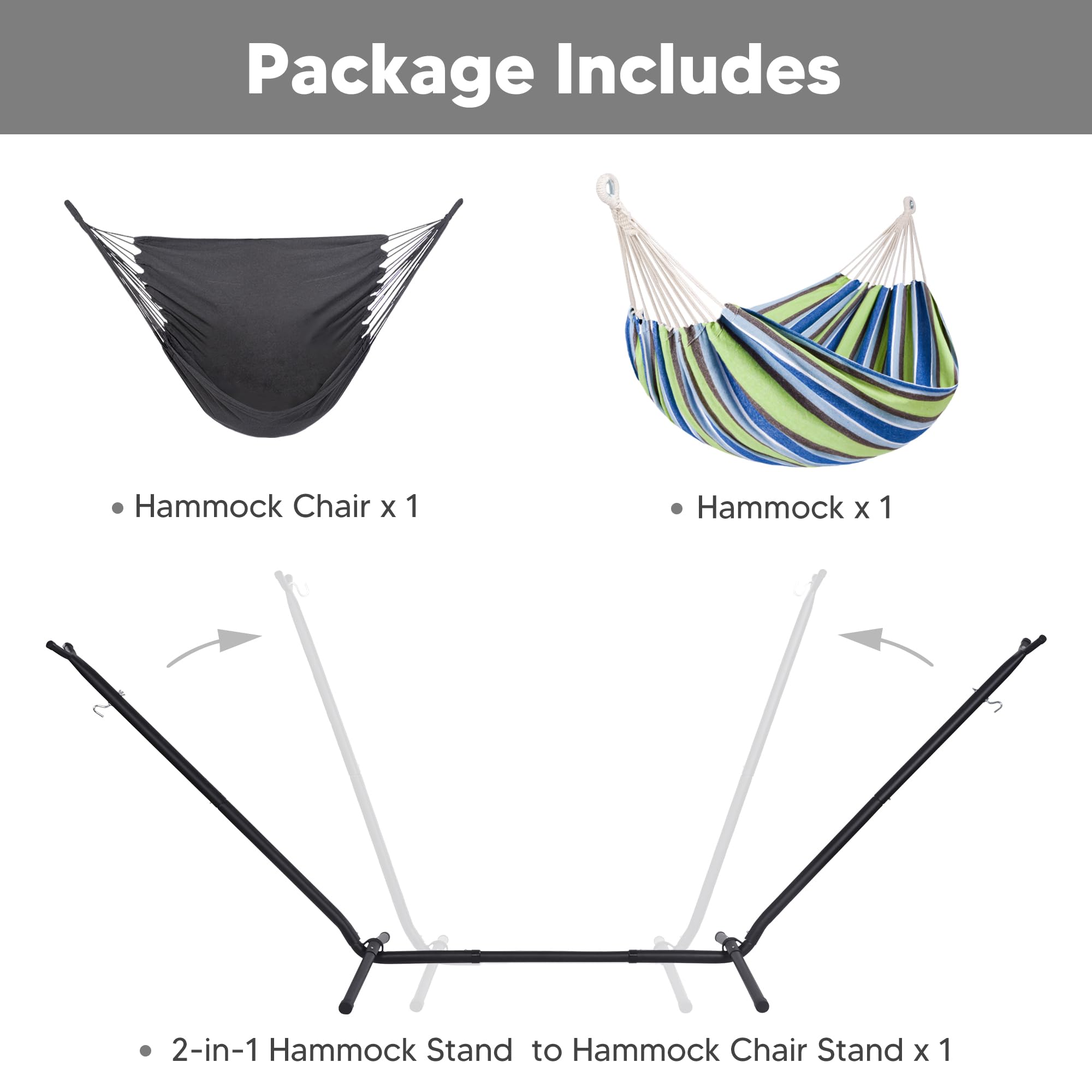 SUNCREAT 2-in-1 Convertible Free Standing Hammock with Stand Included, Camping Backyard Hammock with Stand, Patented, Blue & White Stripe