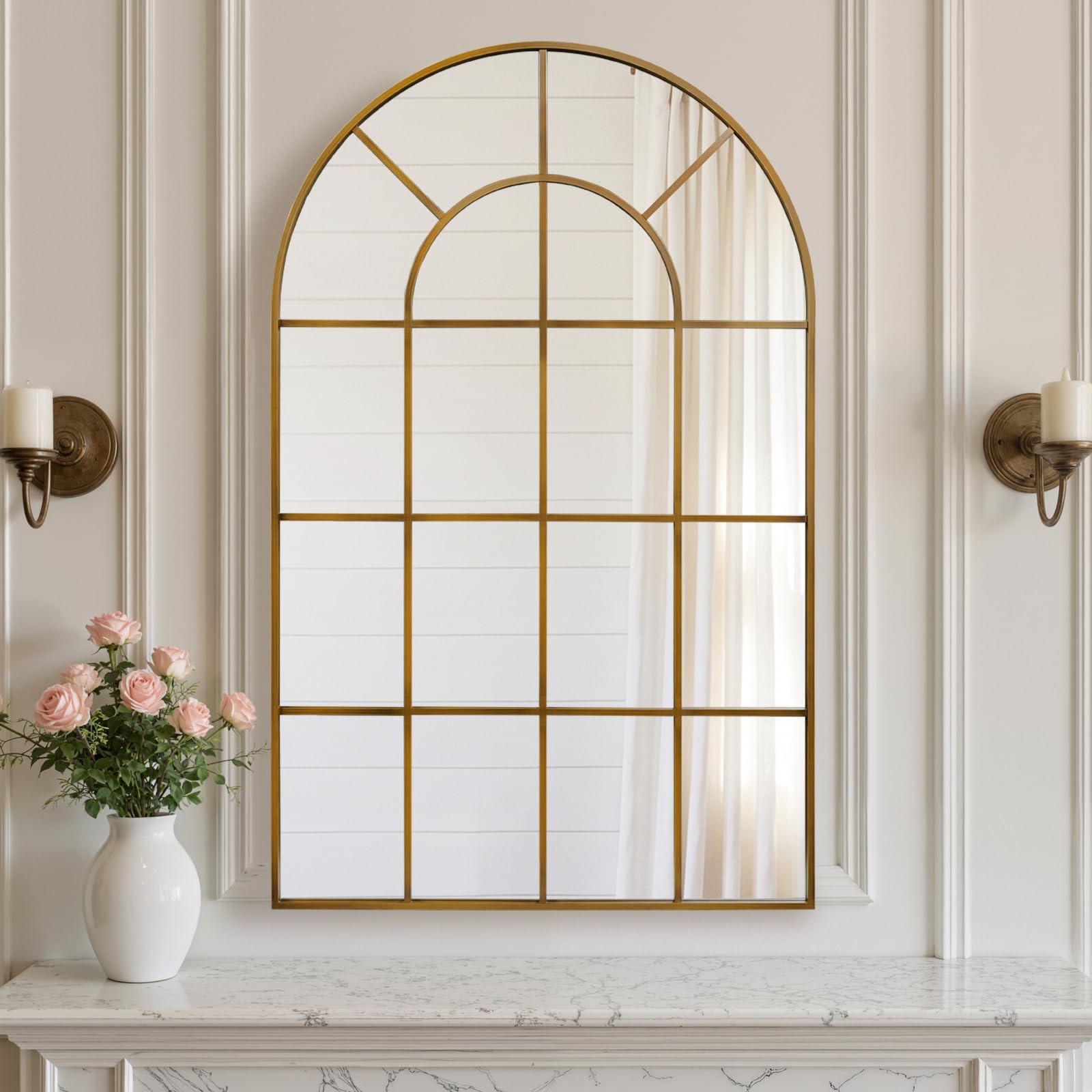 Anpark Arched Windowpane Wall Mirror 24"x36" Black Wall Mounted Art Pane Mirror Farmhouse Decorative Mirror Leaning Hanging Wall Mirror for Bedroom Living Room Entrance Hallway Wall Decor