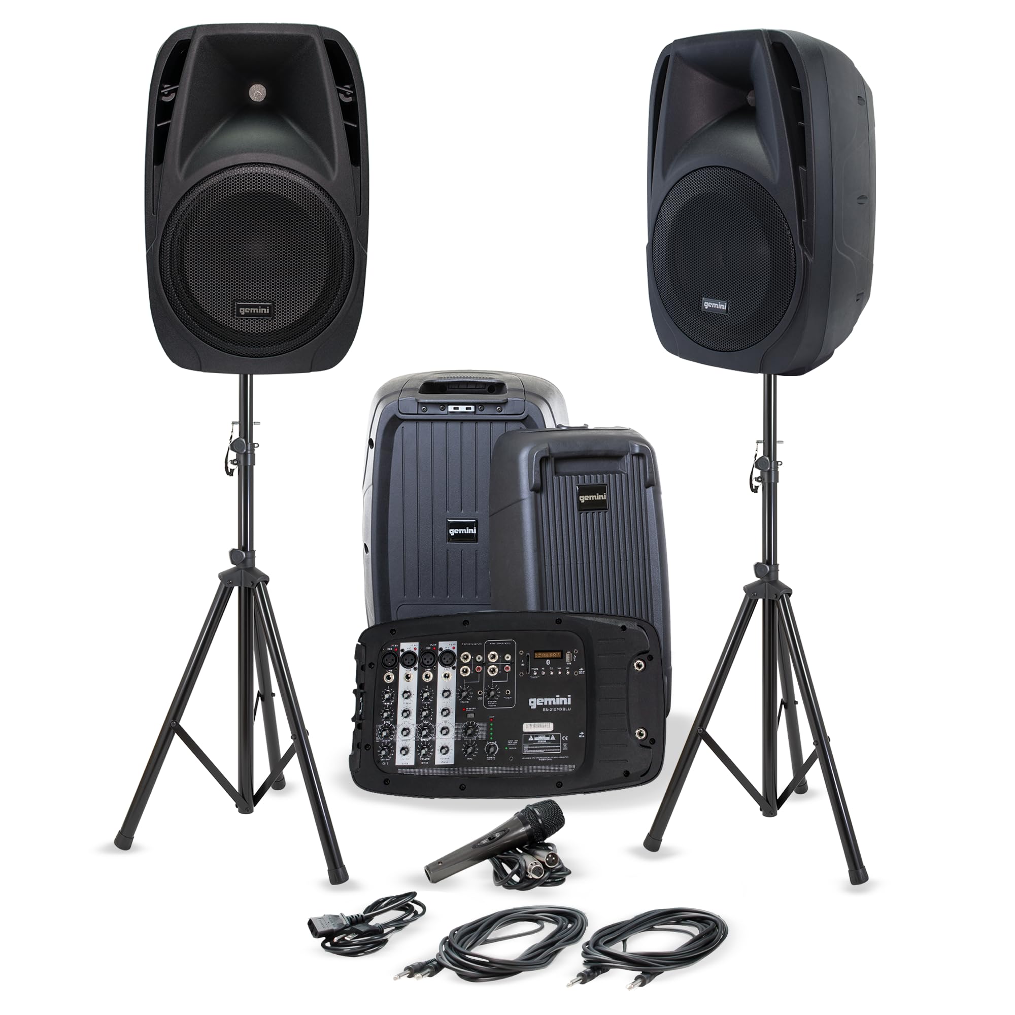 Gemini Dual 10" Powered PA System & Stands, 600W (ES-210MXBLU-ST) | Dual 10" PA with tripod stands - 6-channel powered mixer, 4 mic in - Bluetooth, USB - mic included