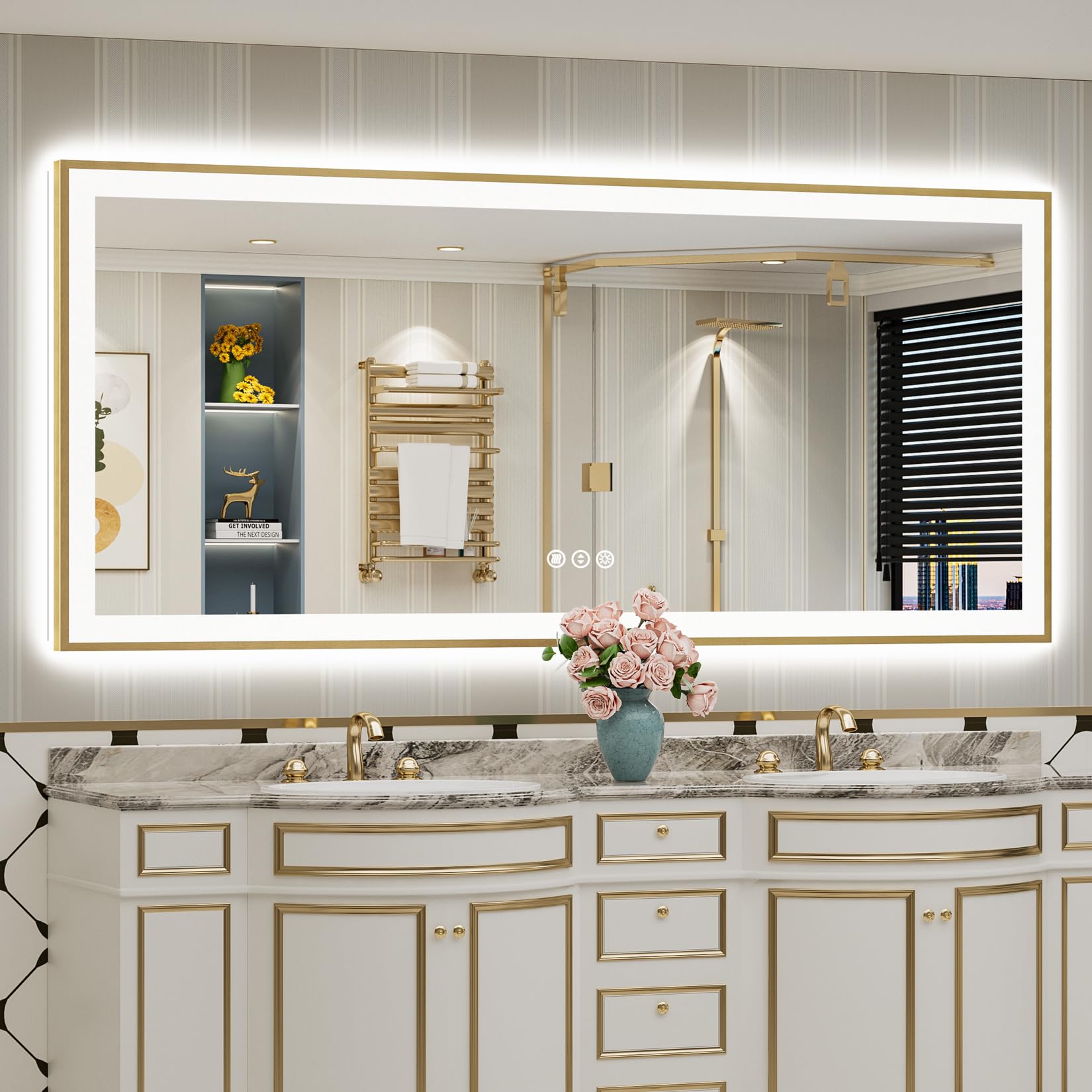 24x36 Gold Beveled LED Bathroom Mirror with Lights, Brushed Gold Framed Backlit and Front Lit Anti-Fog Lighted Vanity Mirrors for Bathroom Wall, Dimmable, 3 Colors, Memory, HD Tempered Glass