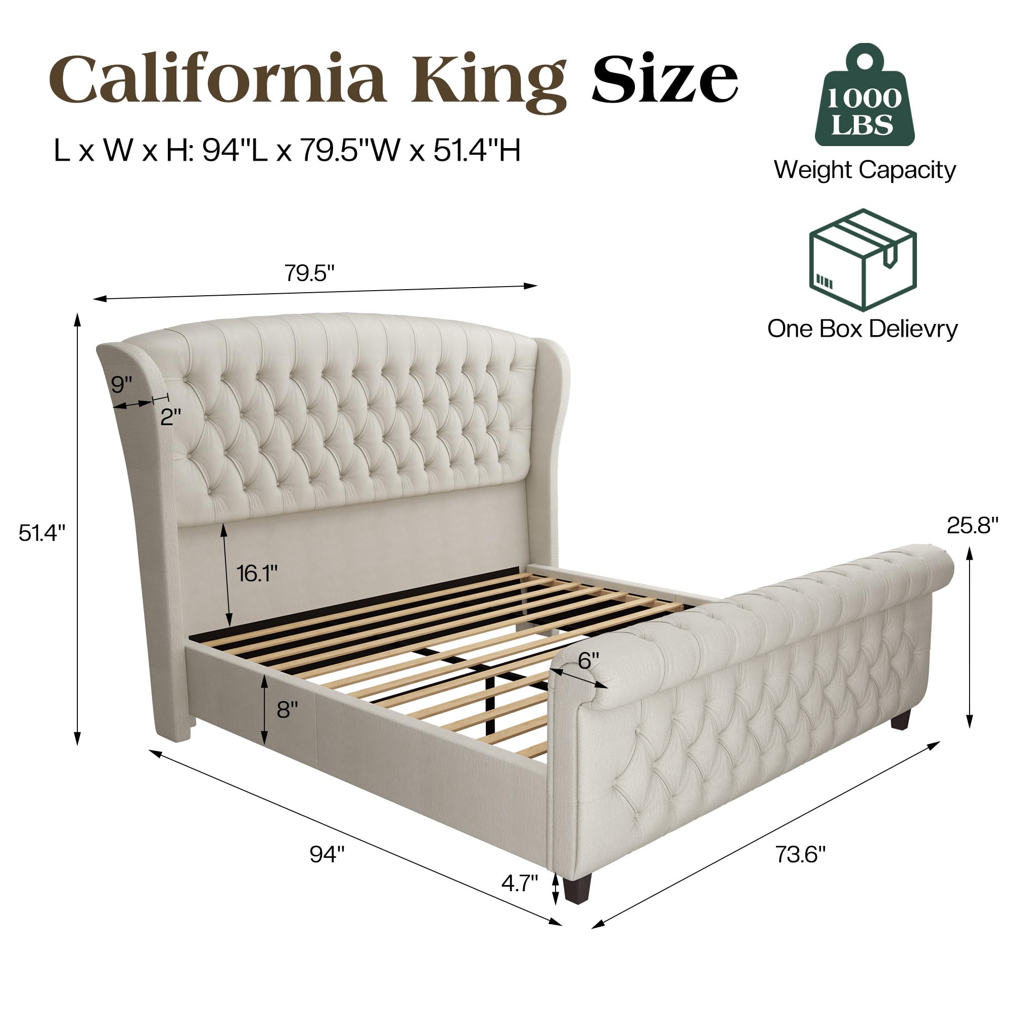 LUXOAK Queen Size Platform Bed Frame, Velvet Upholstered Sleigh Bed with Curved Headboard & Footboard, Deep Button Tufted, Wood Slats Support, No Box Spring Needed, Black