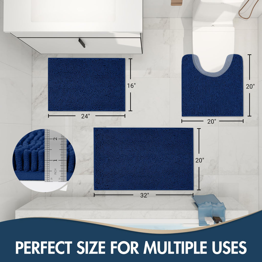 TREETONE Chenille Bath Mat 3 Pieces Bathroom Rugs Set, 20x20 Inches U-Shape Contoured Toilet Mat & 20x32 Inches Rug & Lid Cover,Water Absorbent Plush Rugs for Tub Shower & Bath Room -Beige