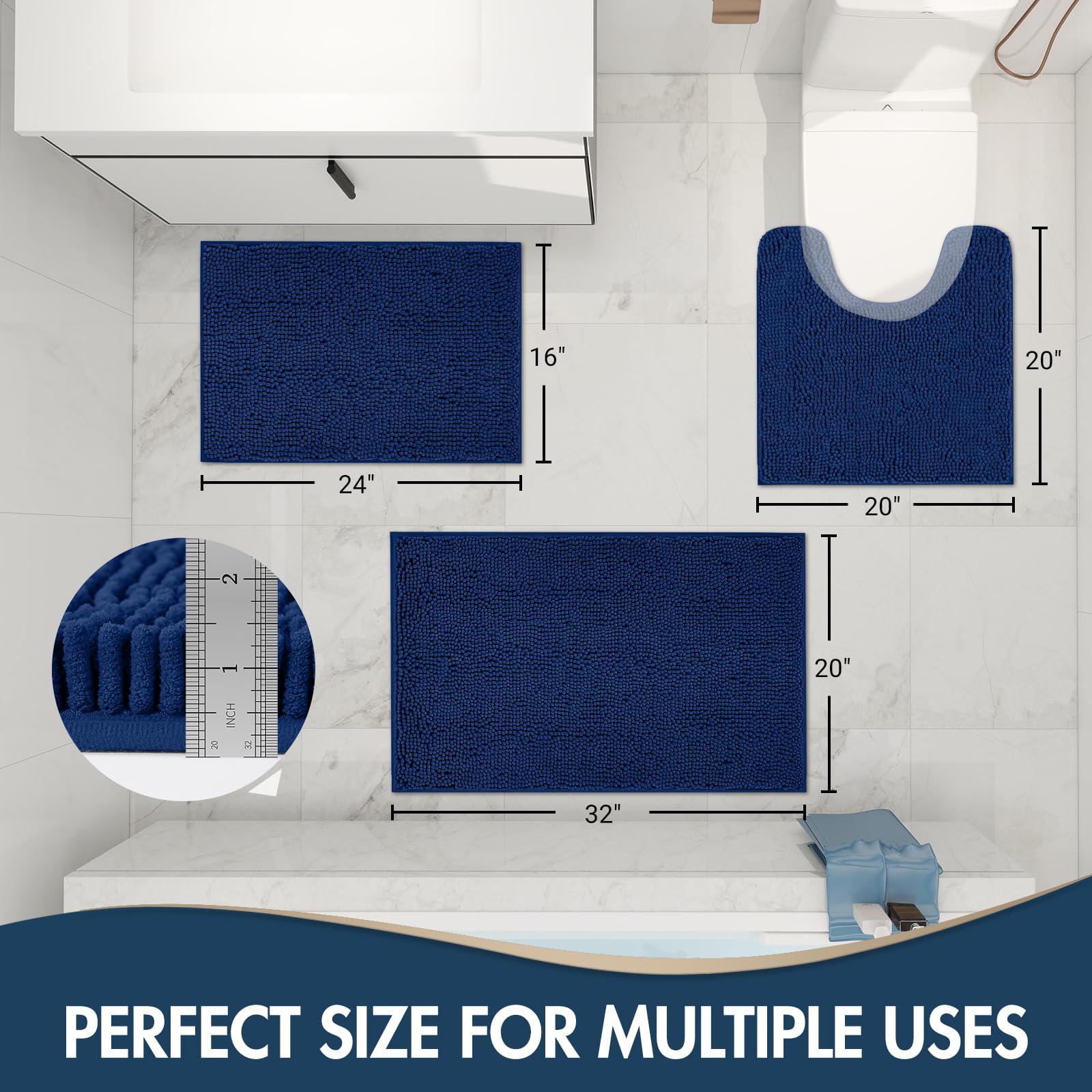 TREETONE Chenille Bath Mat 3 Pieces Bathroom Rugs Set, 20x20 Inches U-Shape Contoured Toilet Mat & 20x32 Inches Rug & Lid Cover,Water Absorbent Plush Rugs for Tub Shower & Bath Room -Beige