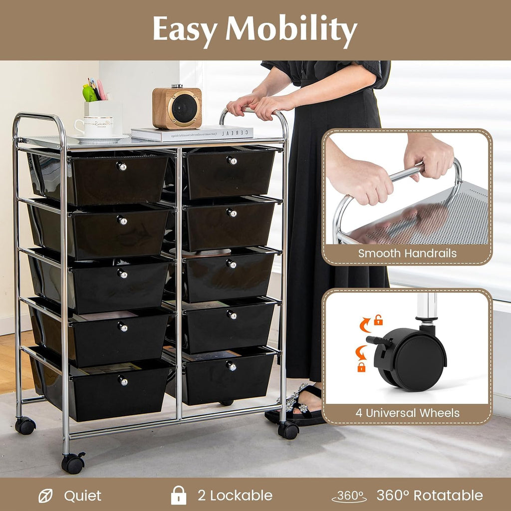 LDAILY 9 Drawer Rolling Storage Cart, Rolling Cart with Drawers for Classroom, Art Supply Craft Organizer on Wheel with Metal Frame & Handles for Home Office School