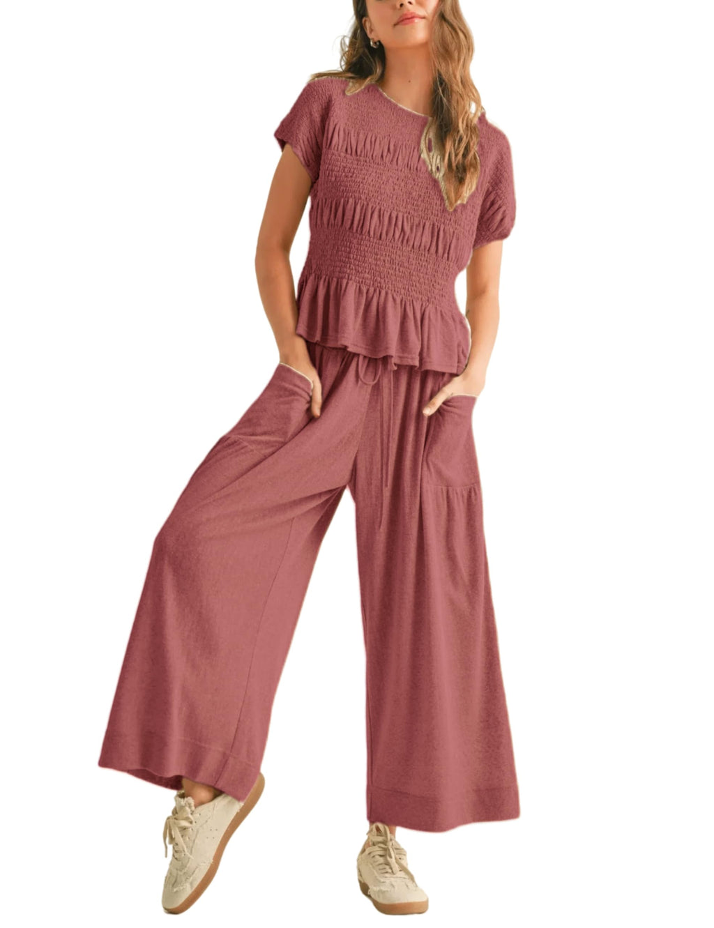 Antnation Womens 2 Piece Smocked Top Wide-Leg Pants Set High-Waisted Lounge Outfit with Pockets Casual Boho Matching Set
