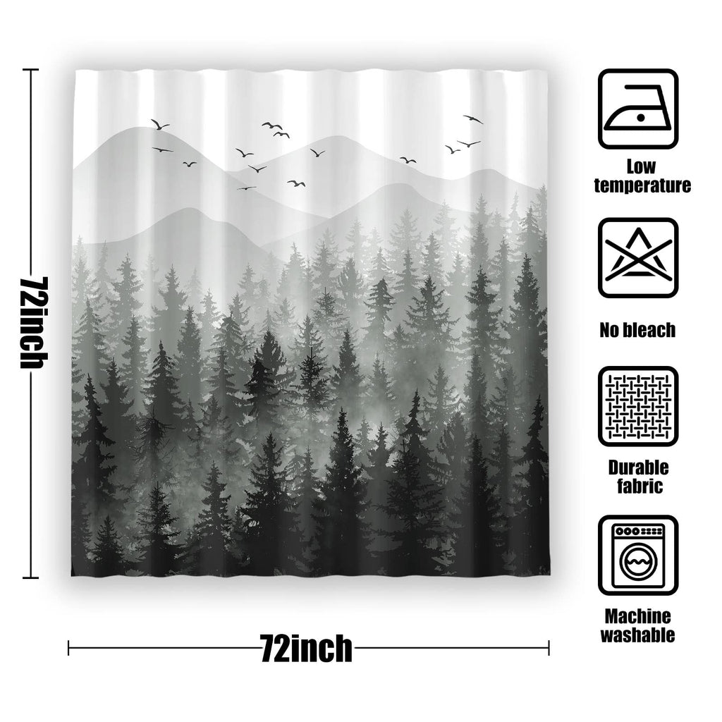 Stall Small Black and White Misty Forest Shower Curtain Ombre Gray Grey Mountain Pine Tree Waterproof Fabric Shower Curtains for Bathroom Nature Woodland Decorative Bath Curtain Decor 36×72 Inches