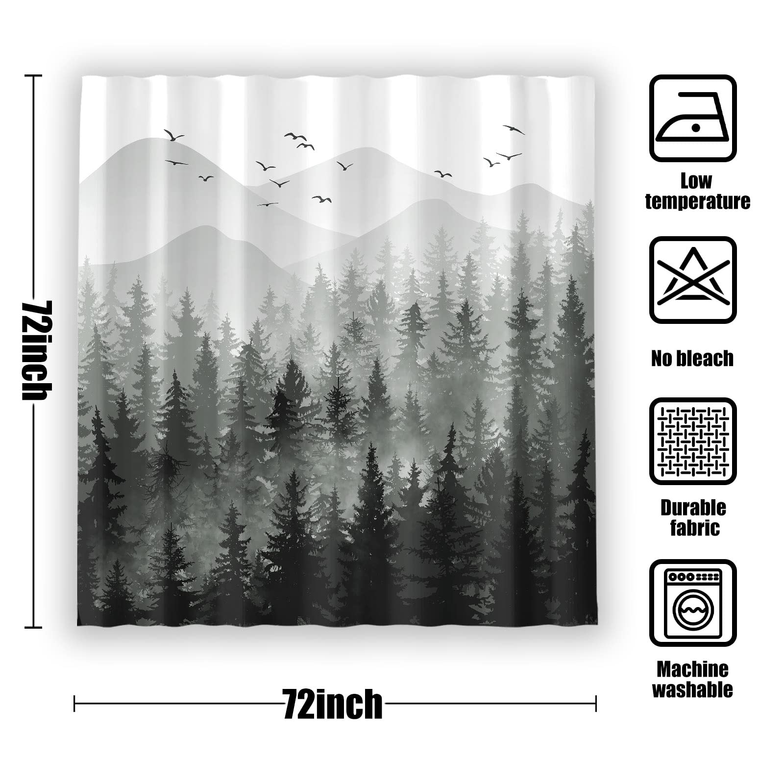 Stall Small Black and White Misty Forest Shower Curtain Ombre Gray Grey Mountain Pine Tree Waterproof Fabric Shower Curtains for Bathroom Nature Woodland Decorative Bath Curtain Decor 36×72 Inches