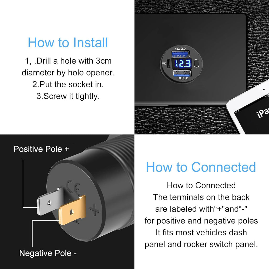 12V USB Outlet, Dual USB C Car Charger Socket & Quick Charge 3.0 Port with Voltmeter and Power Switch for Car Boat Marine Truck