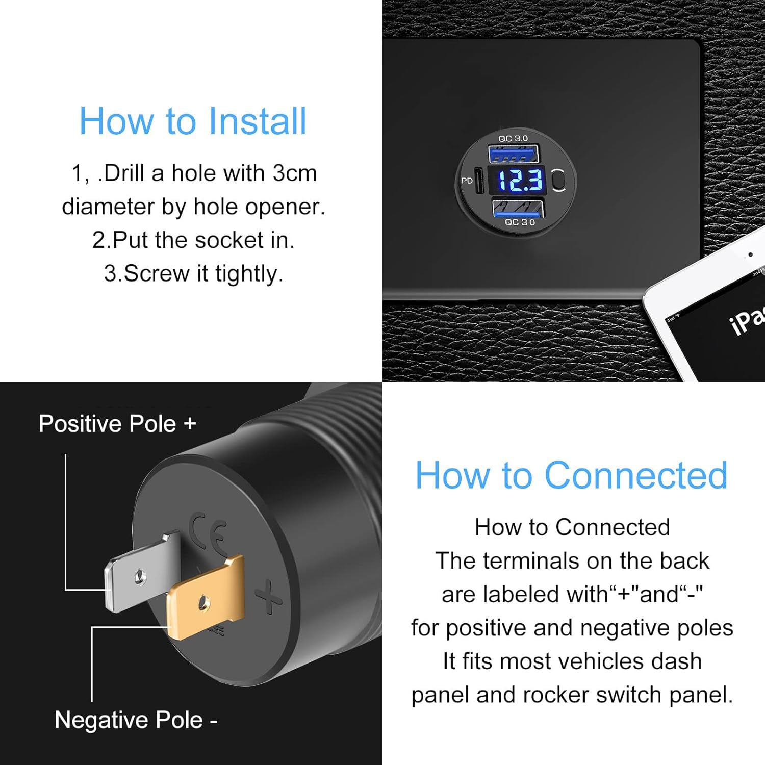 12V USB Outlet, Dual USB C Car Charger Socket & Quick Charge 3.0 Port with Voltmeter and Power Switch for Car Boat Marine Truck