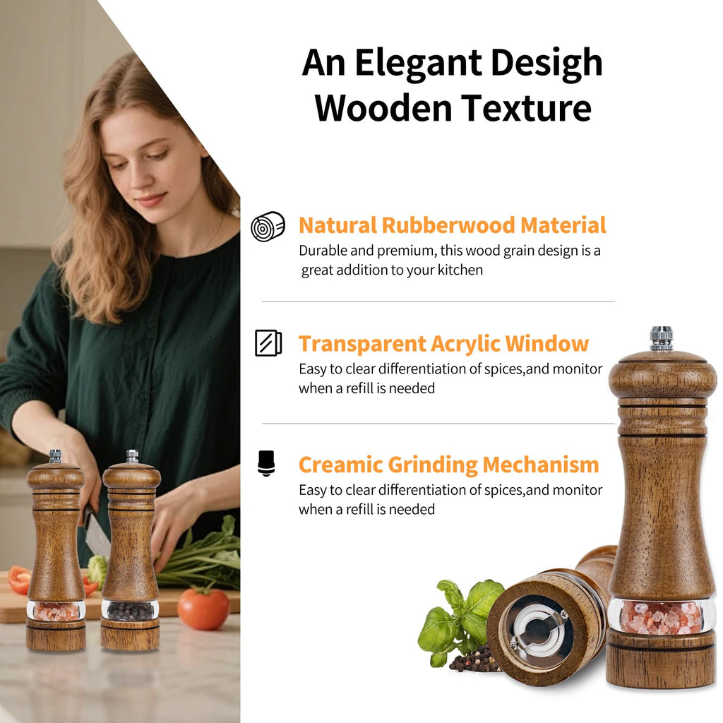 Haomacro Wood Salt and Pepper Grinder Mills Set, Classic Manual Pepper Grinder Salt Grinder Refillable Pepper Mill Sets with Acrylic Visible Window Adjustable Ceramic Grinding Rotor 6.5inch 2 Pack