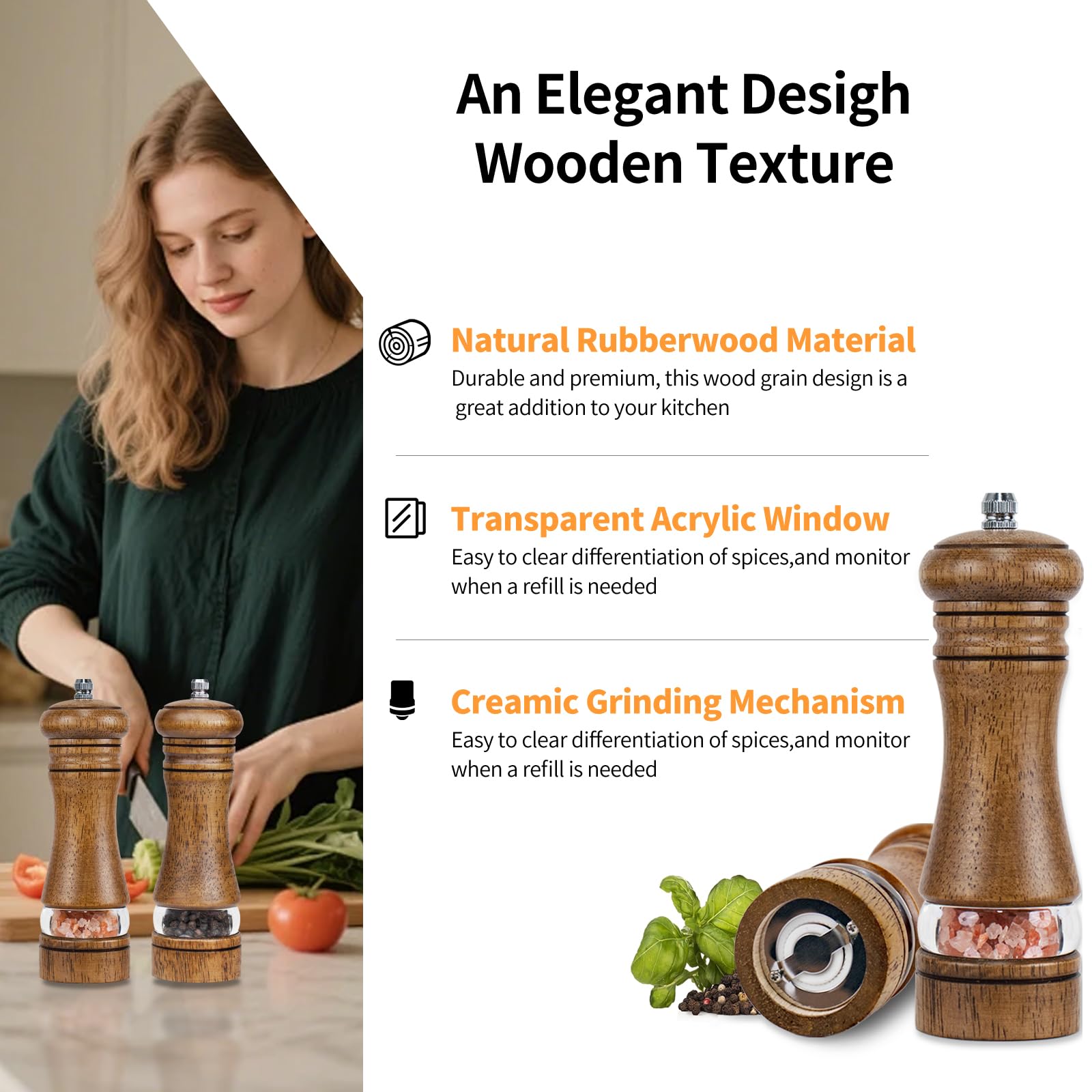Haomacro Wood Salt and Pepper Grinder Mills Set, Classic Manual Pepper Grinder Salt Grinder Refillable Pepper Mill Sets with Acrylic Visible Window Adjustable Ceramic Grinding Rotor 6.5inch 2 Pack