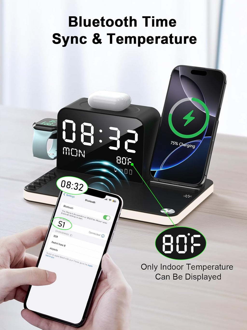 7 in 1 Wireless Charging Station for Apple Device Wireless Charger with Night Light Bluetooth TimeSync Temperature 33W Fast Charger for iPhone 17/16/15/14/13 Pro Max Android Phone Airpods Apple Watch