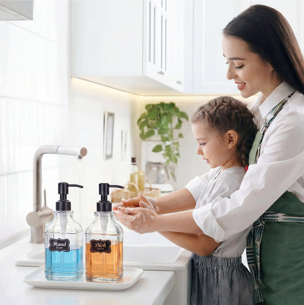 JASAI Antique Design Soap Dispenser with Rust Proof 304 Stainless Steel Pump, Refillable Glass Soap Dispenser with 10Pcs Clear Stickers, Premium Kitchen & Bathroom Soap Dispenser