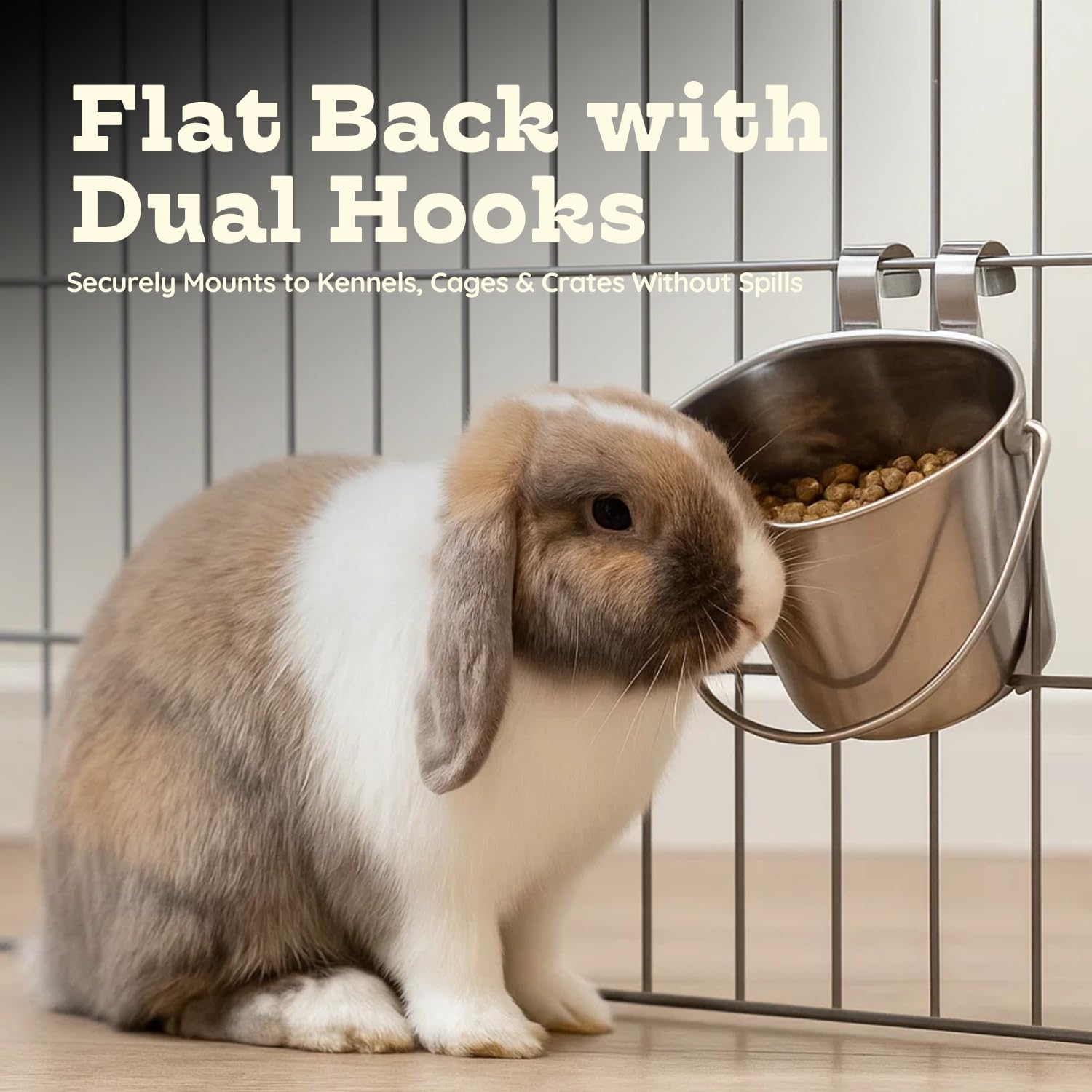 1 quart Stainless Steel Flat Sided Bucket with Dual Hooks | 0.25 gal Durable Food & Water Bowl for Dog Cat Bird & Small Animals | Fits kennel Cage Critter Crate | Hanging Utility Pet Pail
