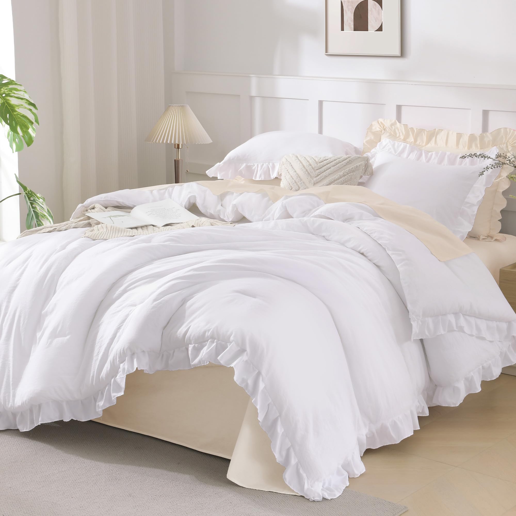 Andency Beige Twin Size Ruffle Comforter, 2 Pieces Farmhouse Shabby Classic Bed Set for Kids, Lighteweight Soft Polyester Bedding Set for Girls(1 Ruffle Comforter and 1 Pillowcase)