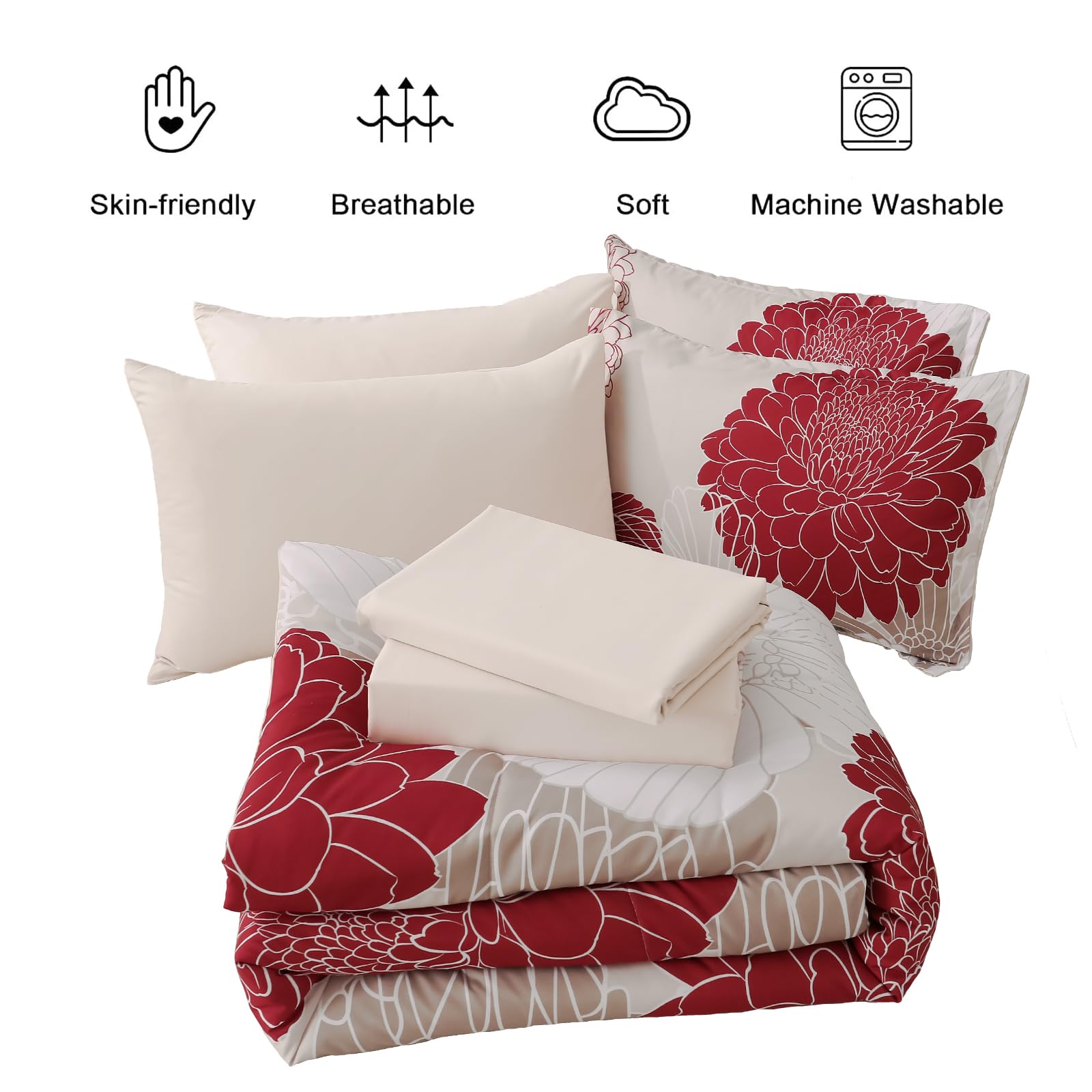 Yiran 7 Pieces Bed in a Bag Blue Floral Comforter Set Queen Size Flowers Comforter Set Soft Microfiber Bedding Set (1 Comforter 1 Flat Sheet 1 Fitted Sheet 2 Pillowshams 2 Pillowcases)