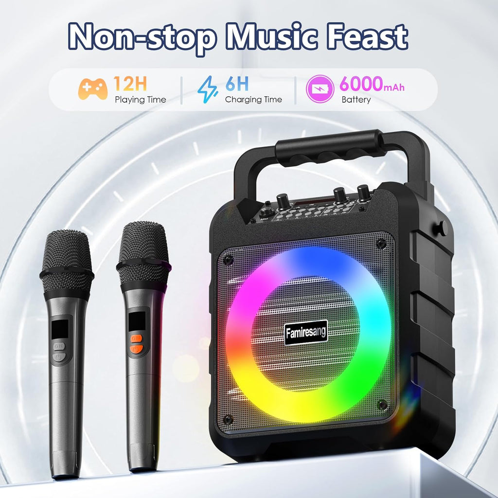 Karaoke Machine for Adults - Portable Bluetooth Karaoke Speaker with Two Wireless Microphones, PA System Speaker Supports TF Card/USB, AUX in, REC, Bass & Treble for Party/Meeting