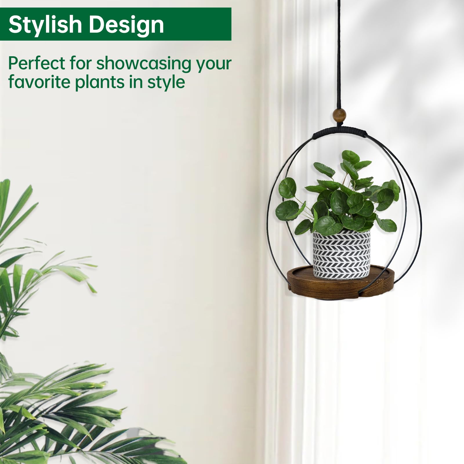 Hanging Planter for Indoor Plants, Black Plant Hanger Indoor with Sturdy Wood Base, Modern Boho Macrame Plant Hanger for 3-5.5 Inch Pot, Hanging Wall Ceiling Window Home Decor (Pots Not Included)