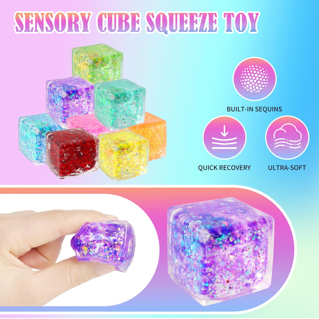 24 Pack Slow Rising Ice Cube Squishy Stress Balls，Stress Cube for Adults Kids , Bulk Taba Squish Fidget Toys, Square Squeeze Toy for Classroom Prizes, Mini Nice Cube Squishy for Party Favors